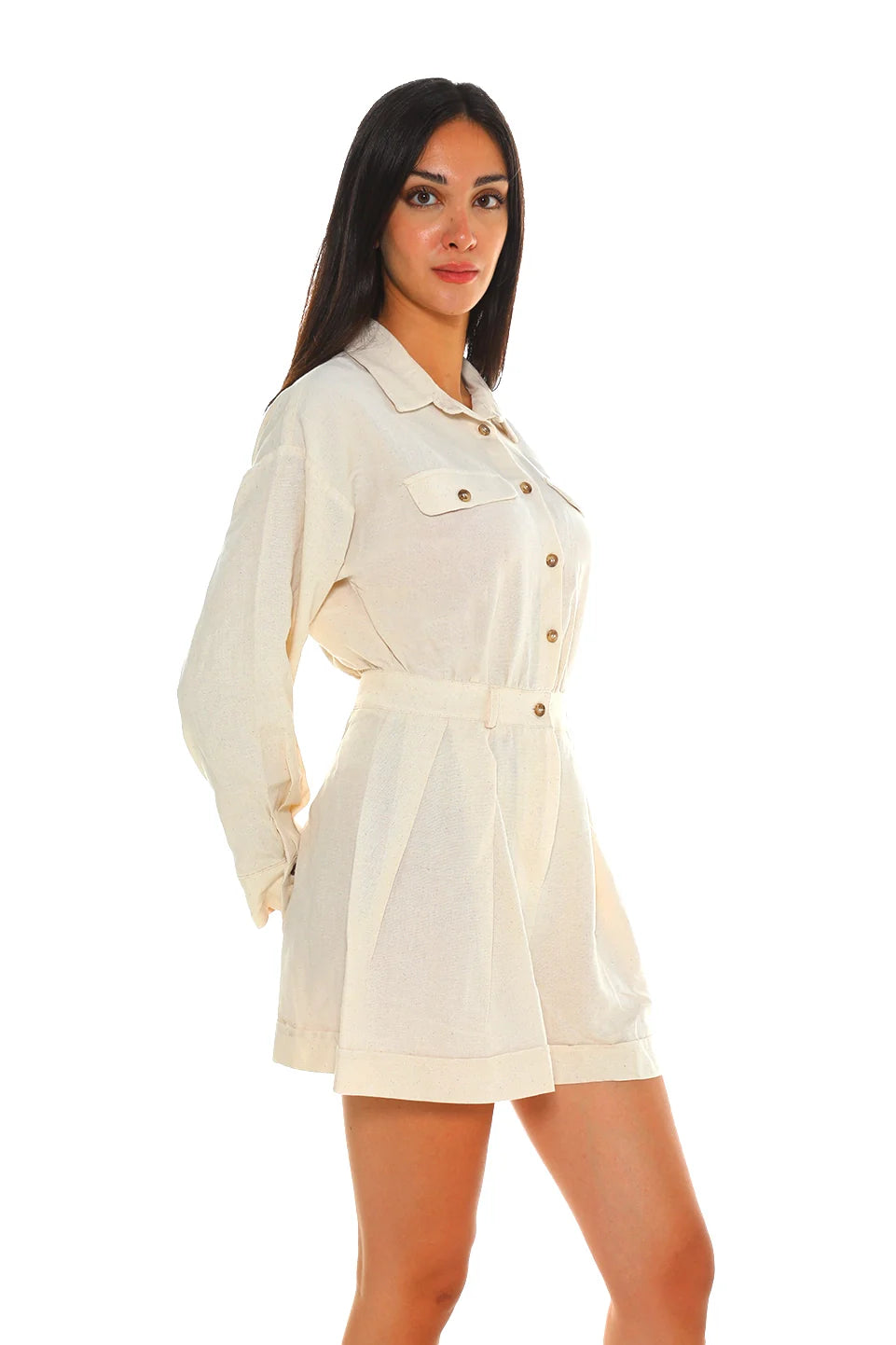 Casual Buttoned Short Beige Jumpsuit