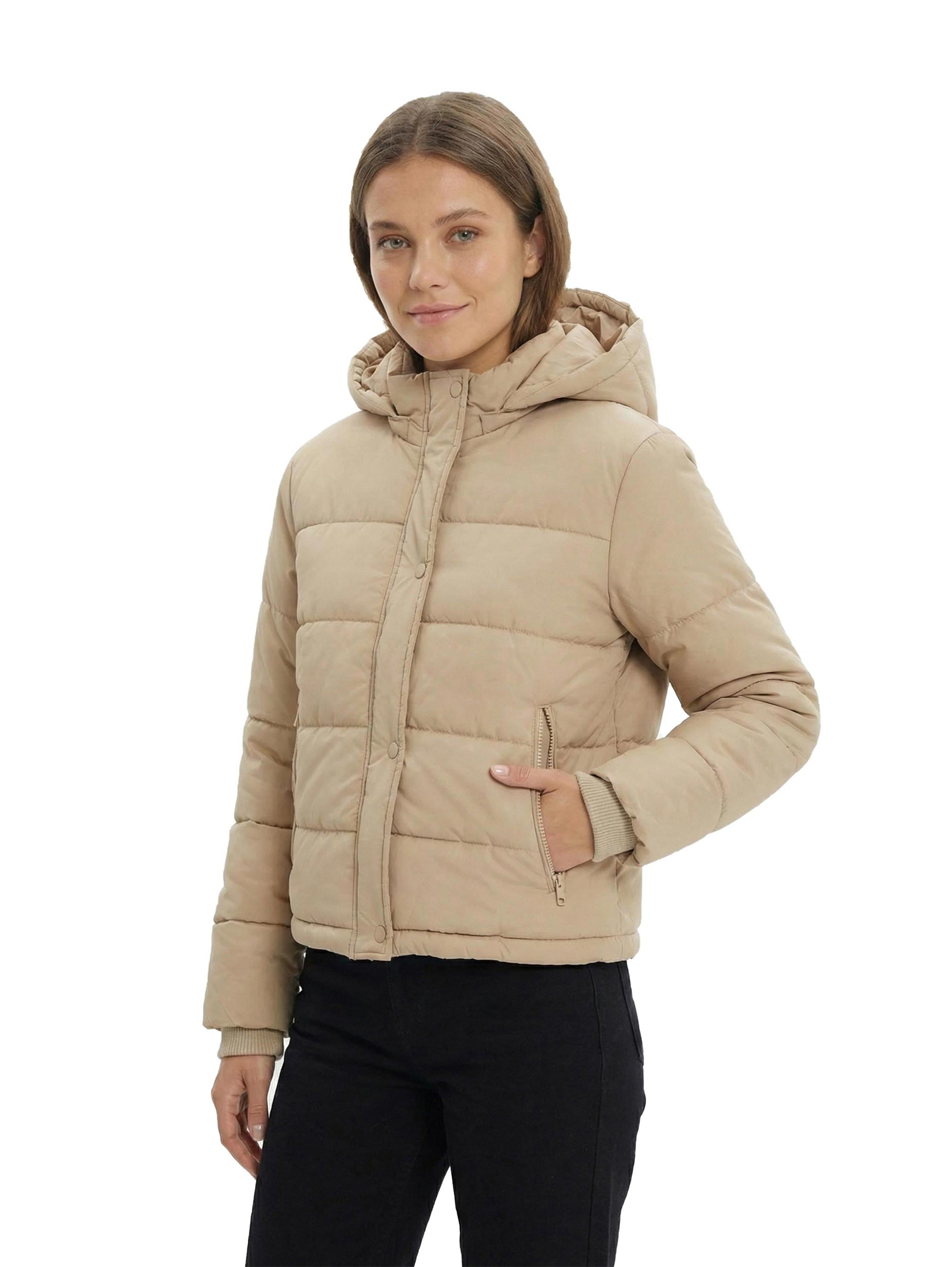 Beige Padded Puffer Jacket With Stand up Collar & Hoodie