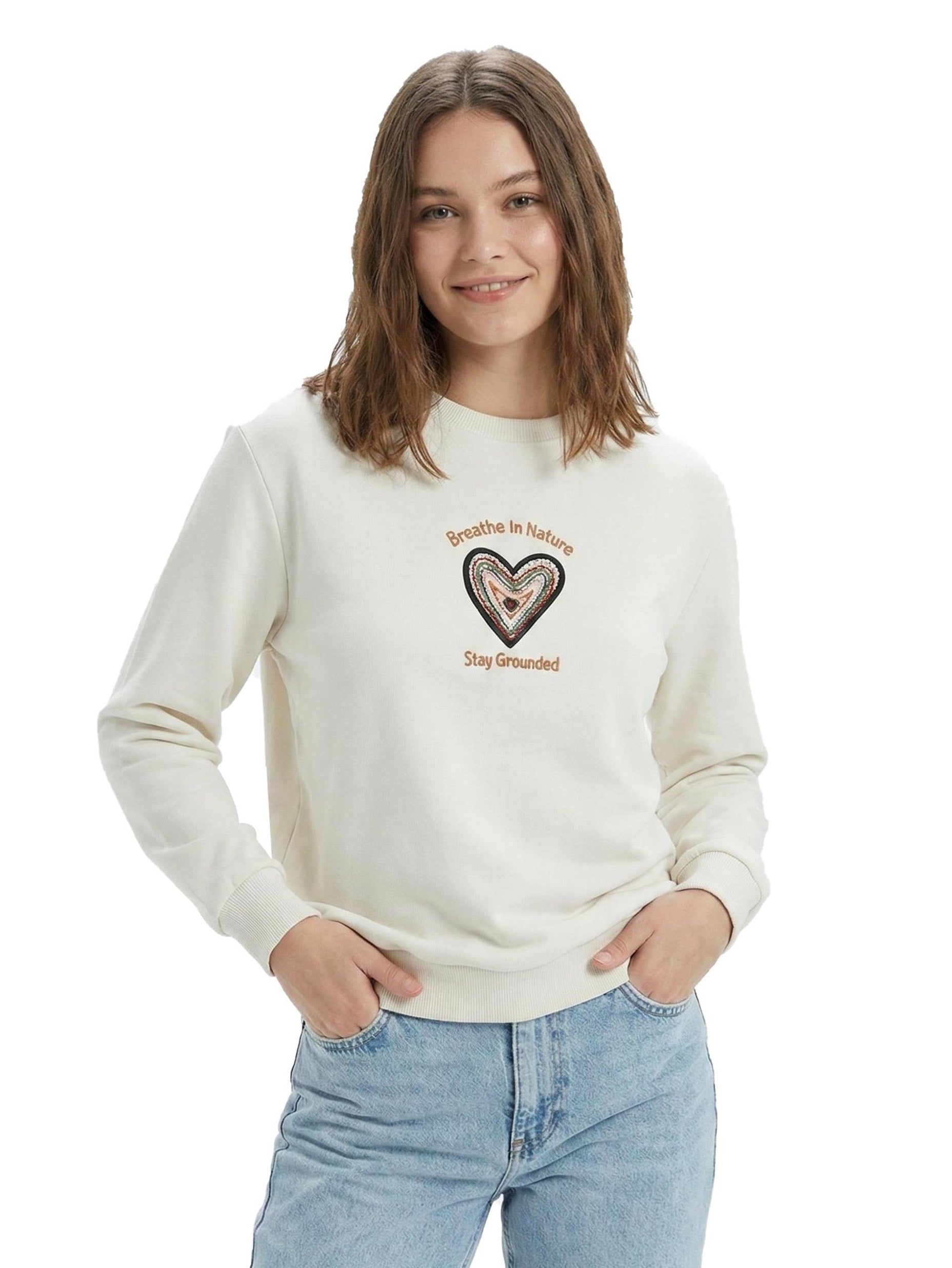 Round Neck Light Beige Sweater With Heart Front Design