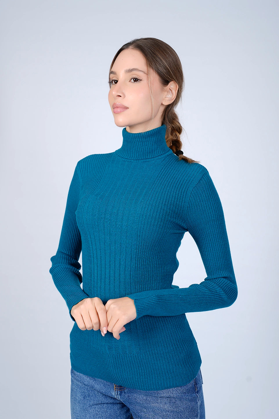 High Neck Ripped Indigo Sweater