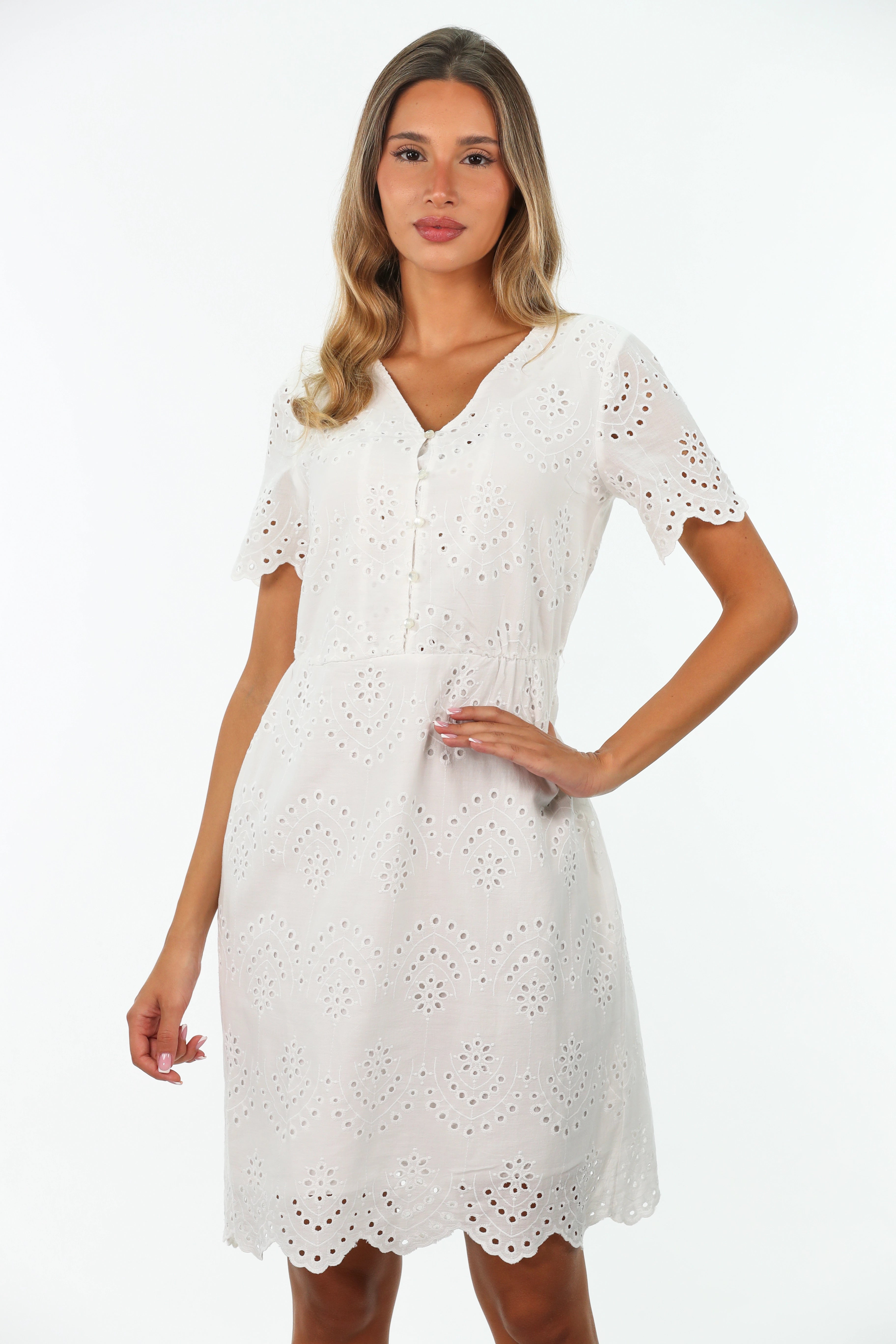 White Buttoned Embroidery Dress