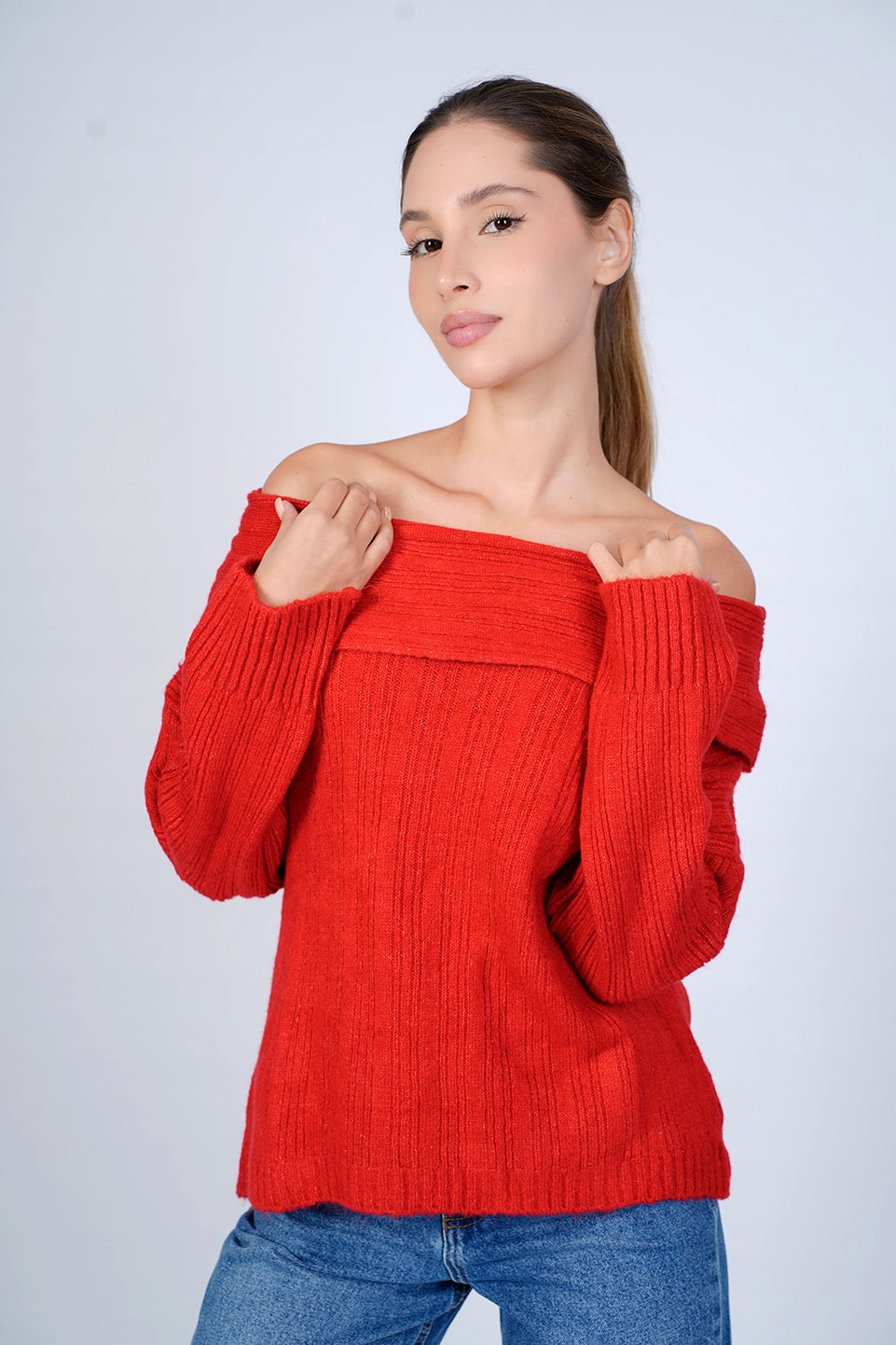 Red Off Shoulder Sweater