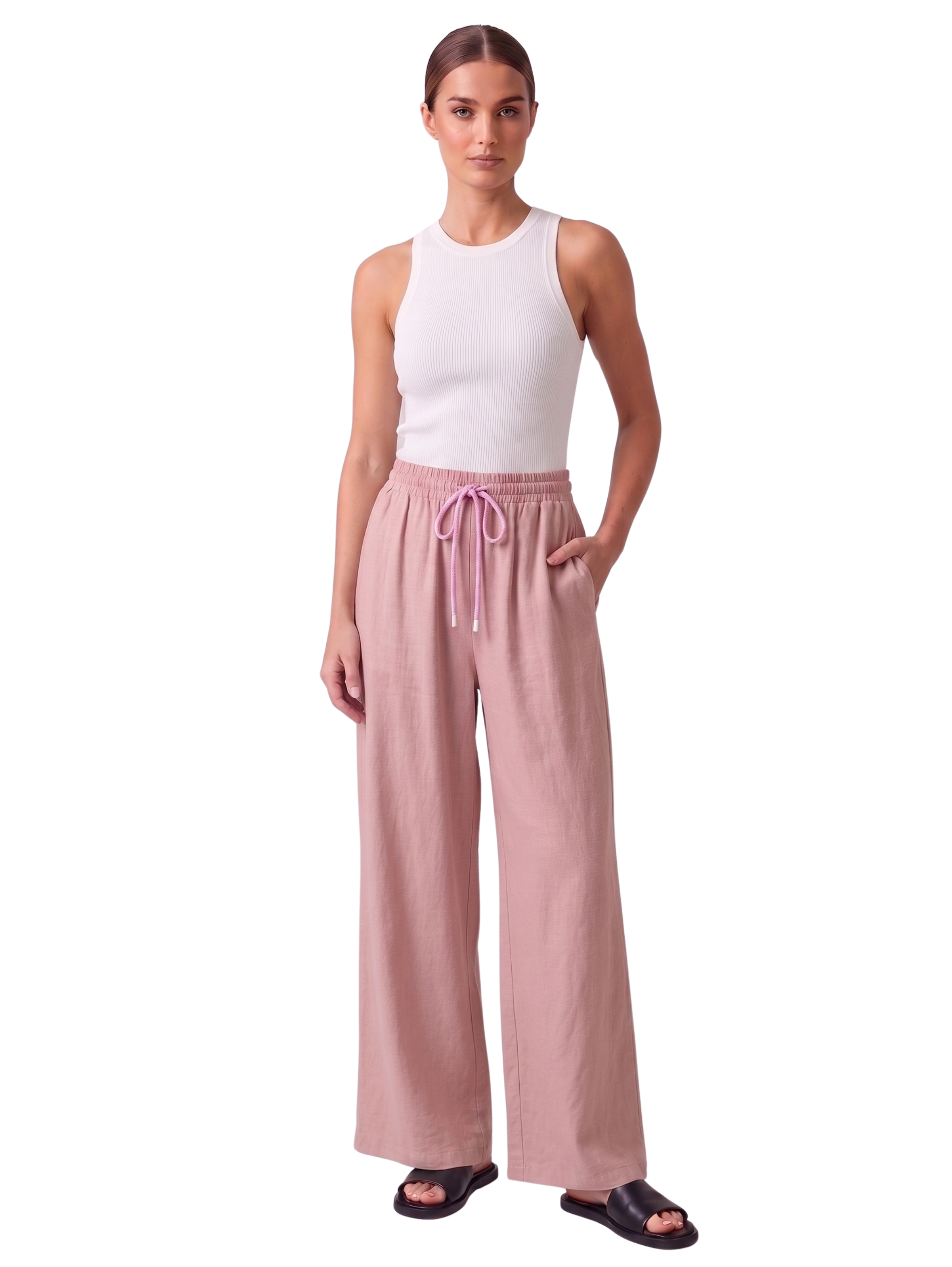 Pink Wide Leg Drawstring Linen Pants