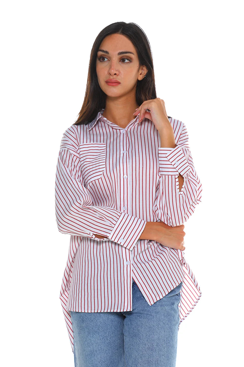 Long Sleeve Striped Bordo Oversize Shirt