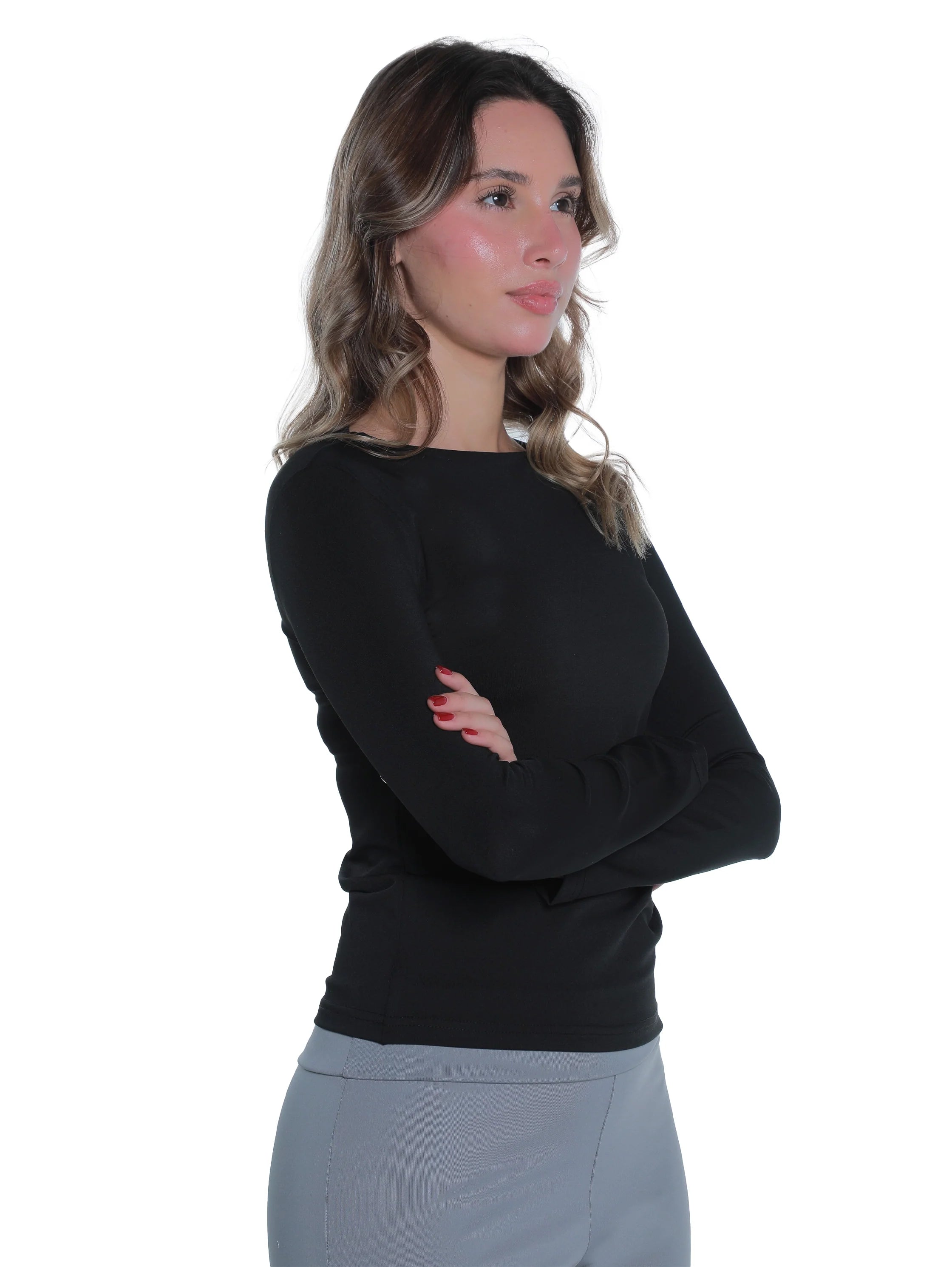 Long Sleeved Black Basic Top Round Neck