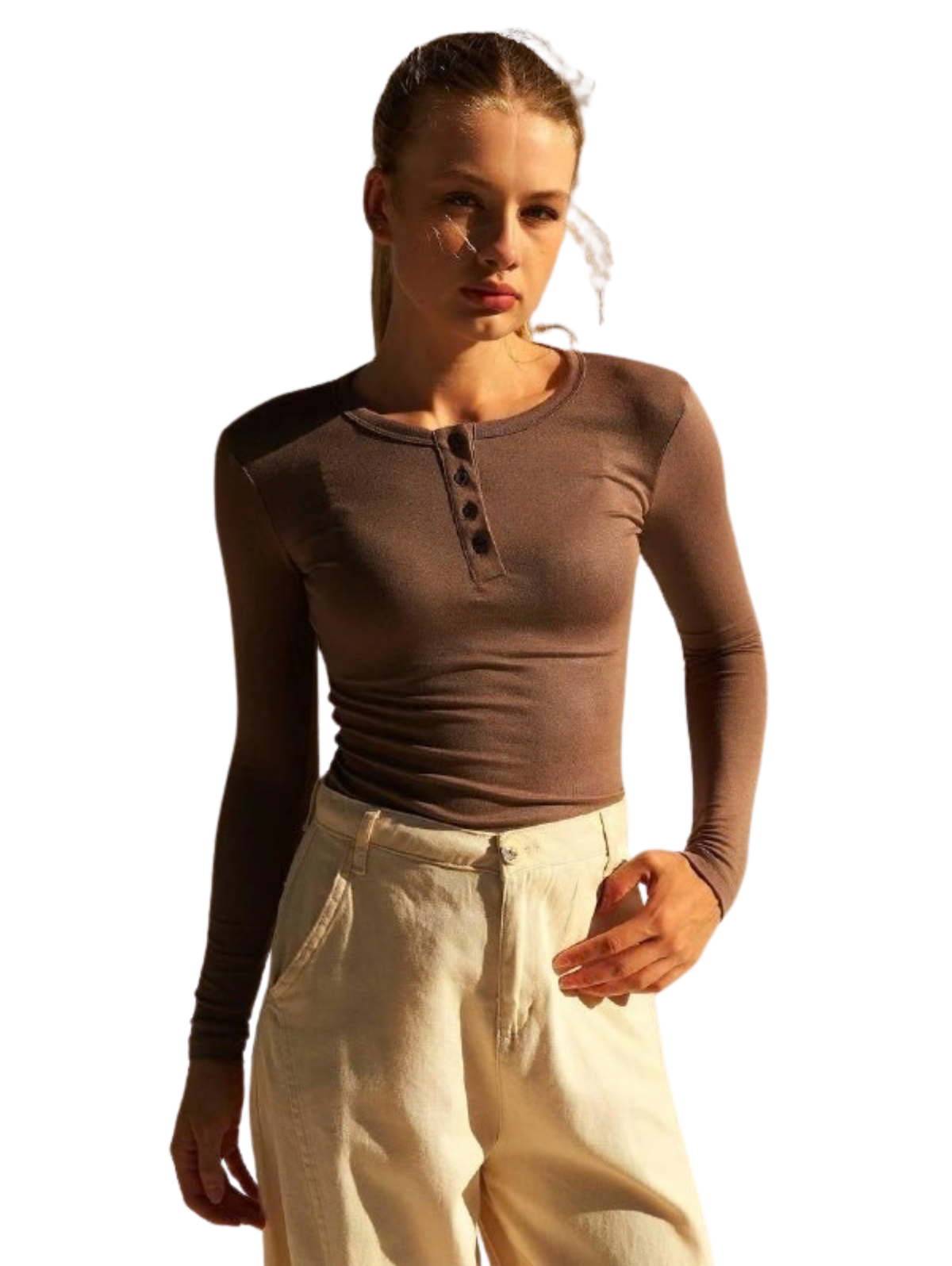 Button-Front Ribbed Crewneck D.Brown Blouse