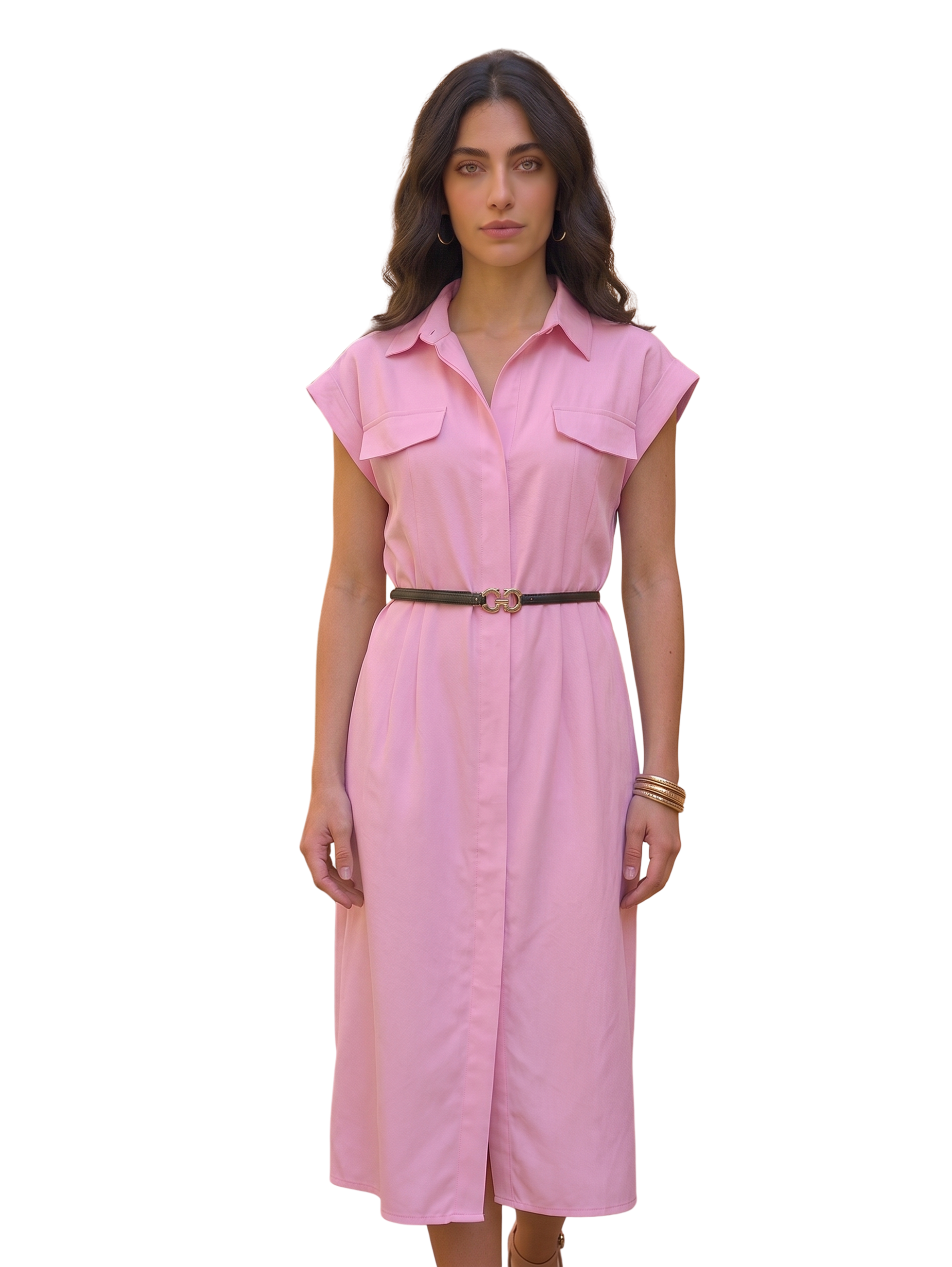 Pink Short Cap Sleeves Dress With Front Button Down Closure