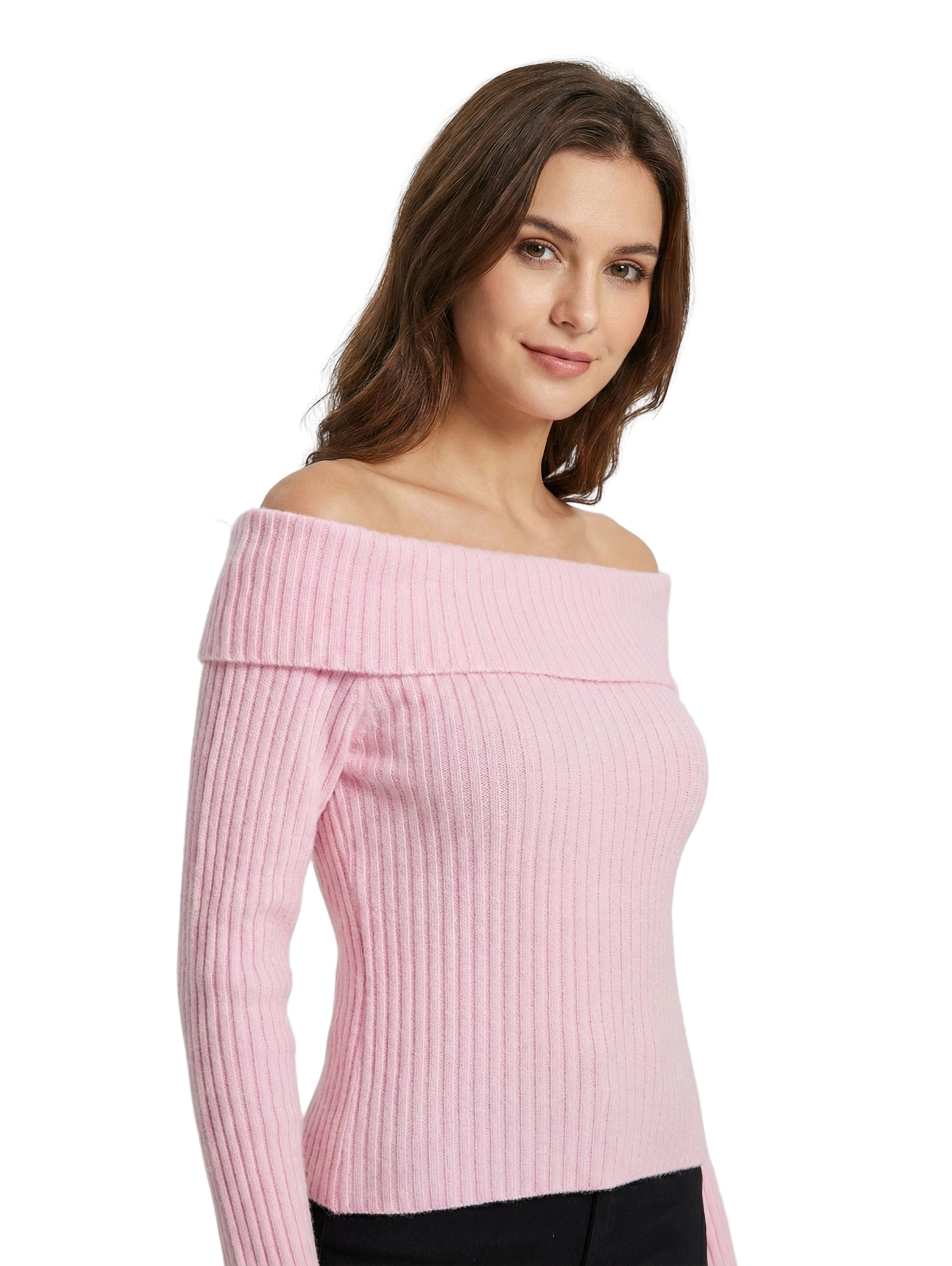 Off Shoulder Pink Knitwear Long Sleeve Pullover