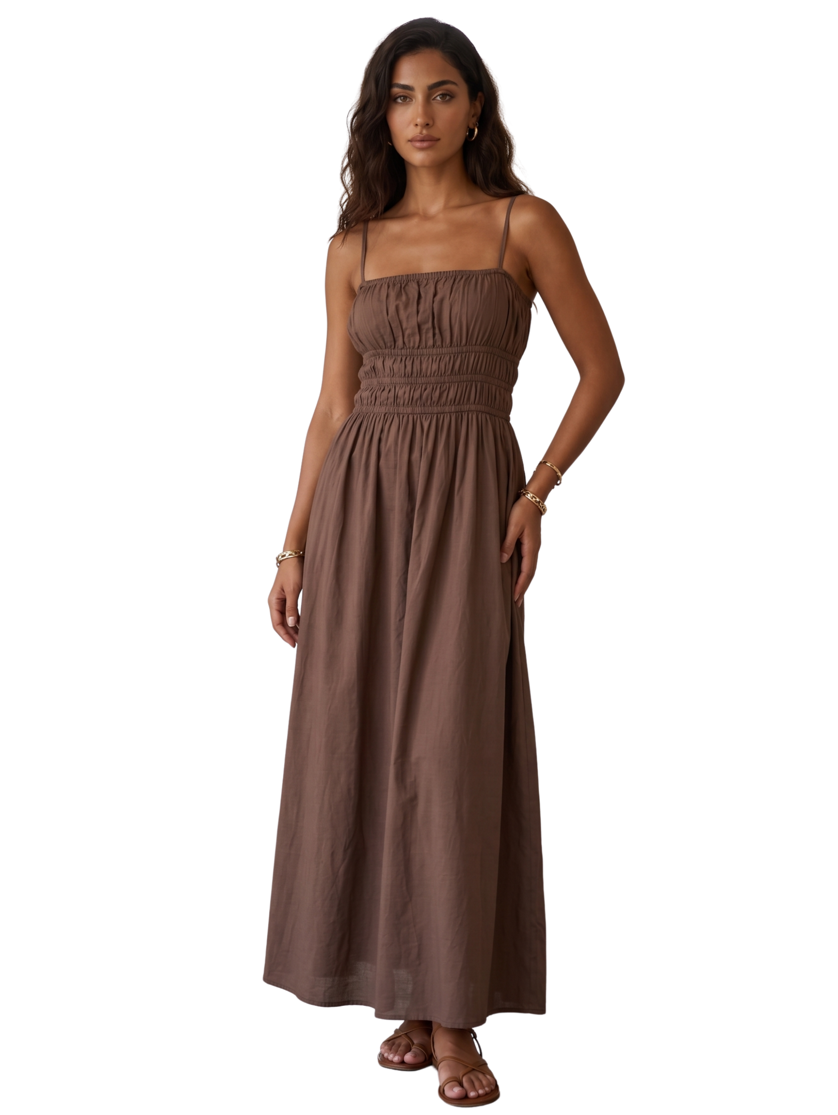 Brown Sleeveless Dress With Smocked Bodice