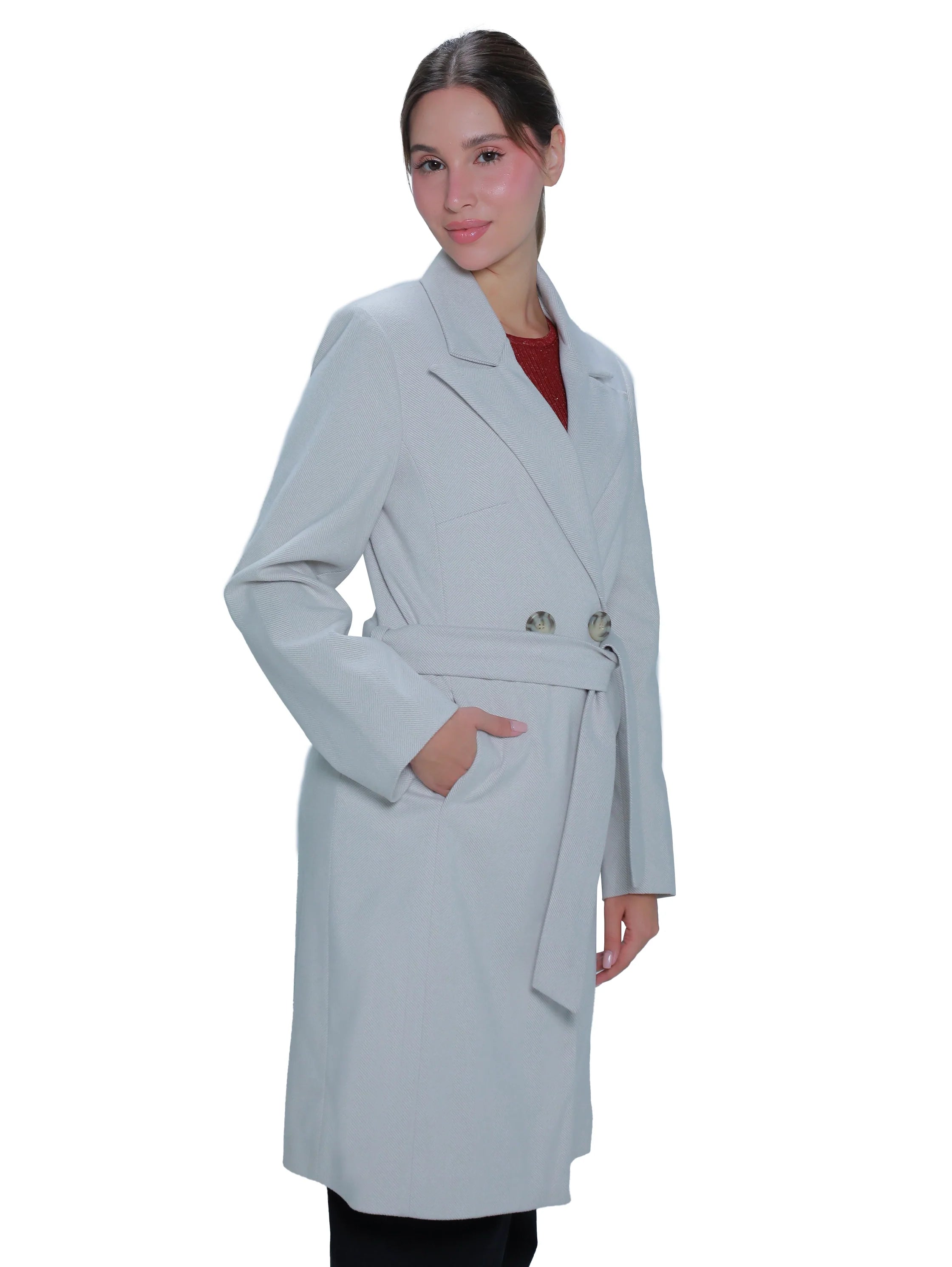 Light Beige Belted Knee Coat