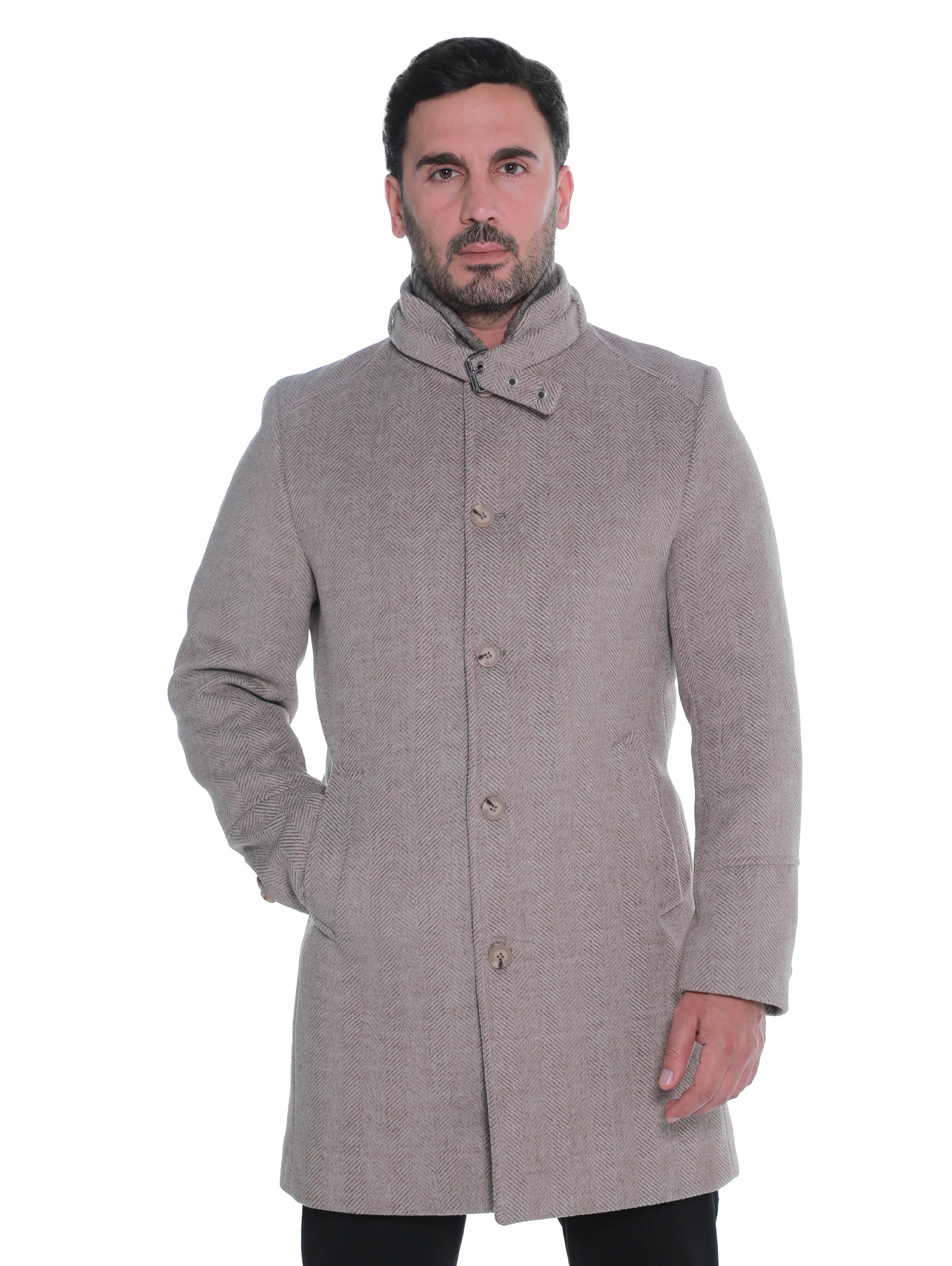Dark Beige Buttoned Coat With Side Slanted Pockets