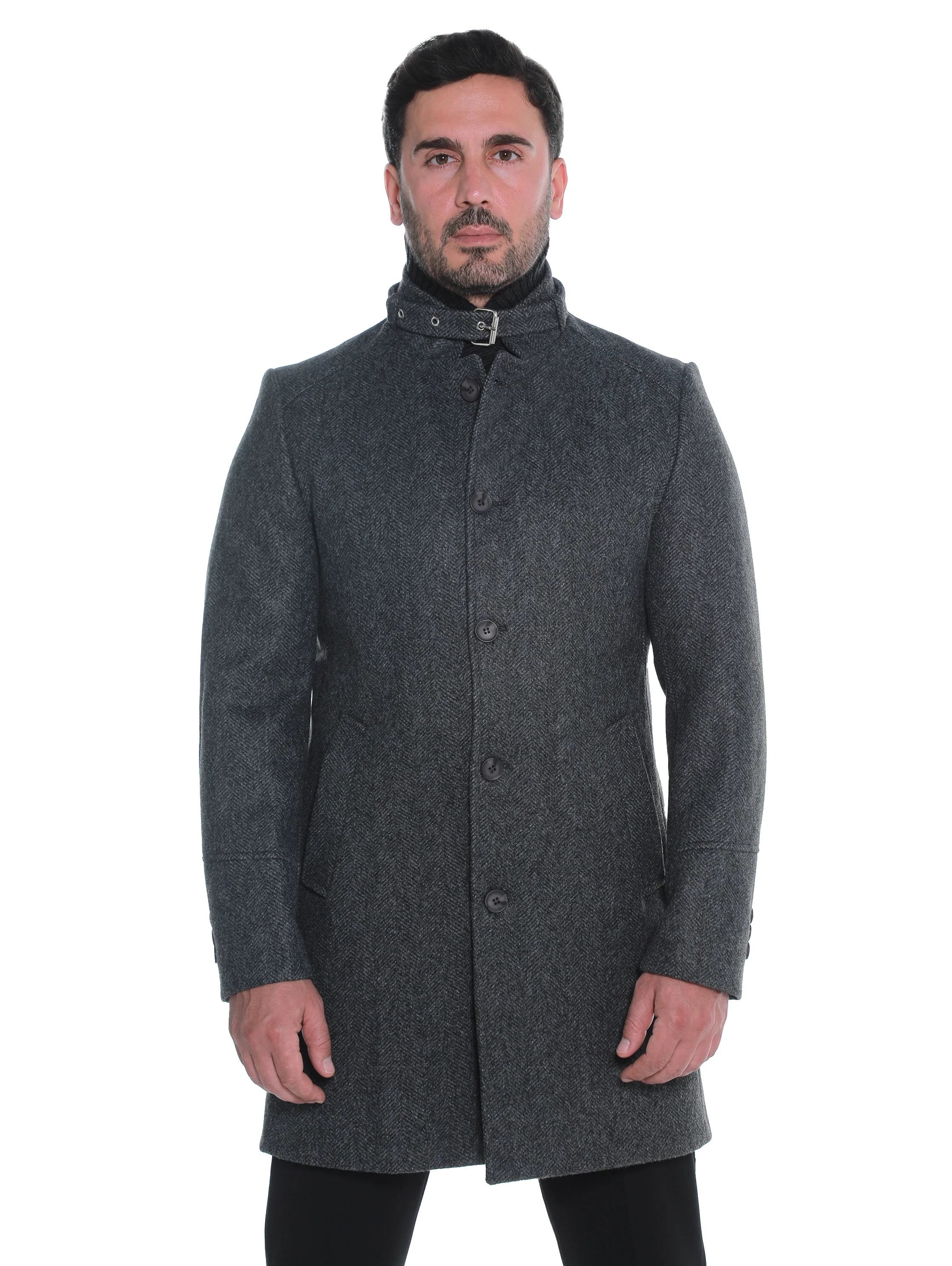 Dark Grey Buttoned Coat With Side Slanted Pockets