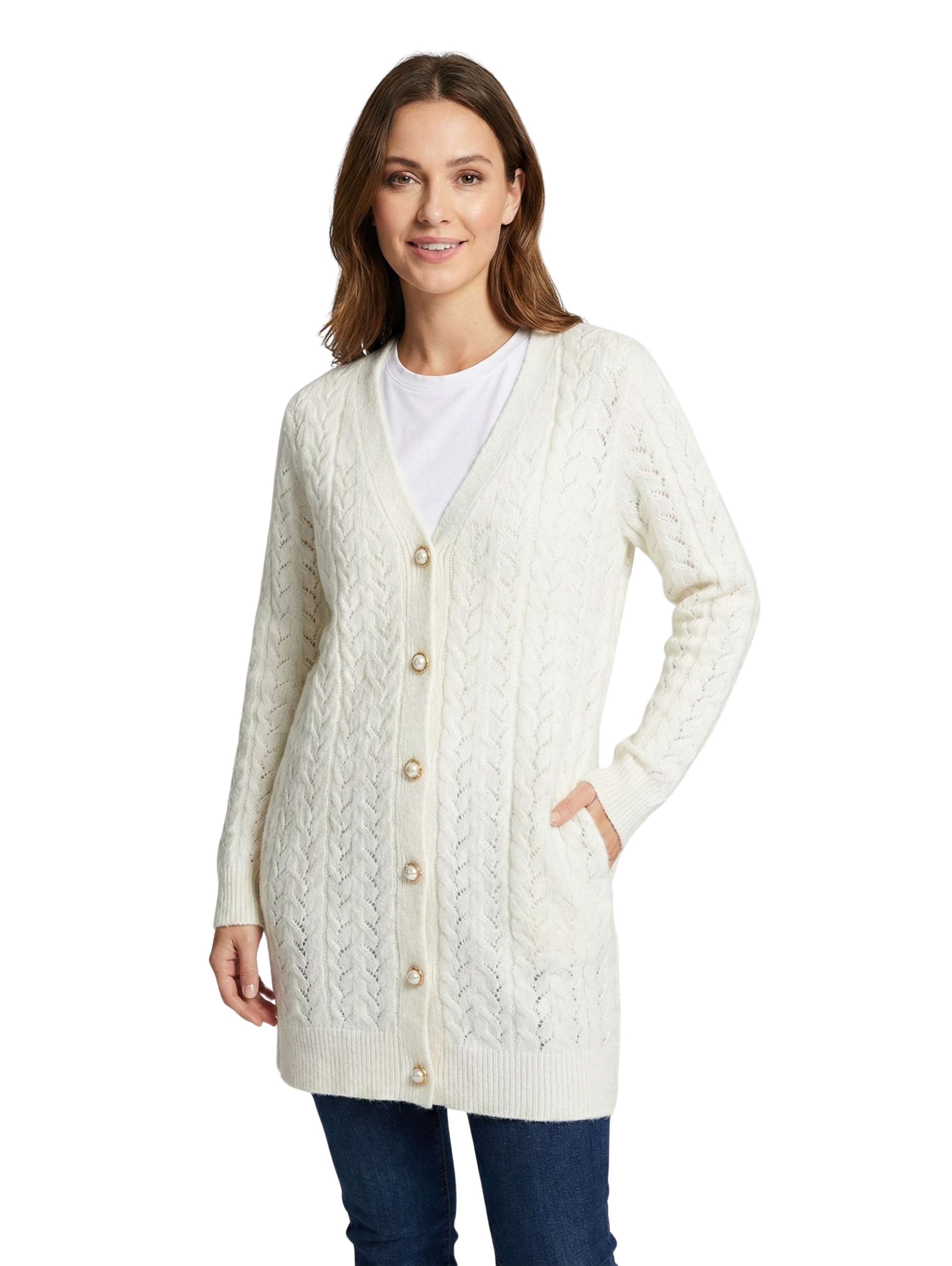 Offwhite Long Sleeve Buttoned Cardigan With Attached Pockets