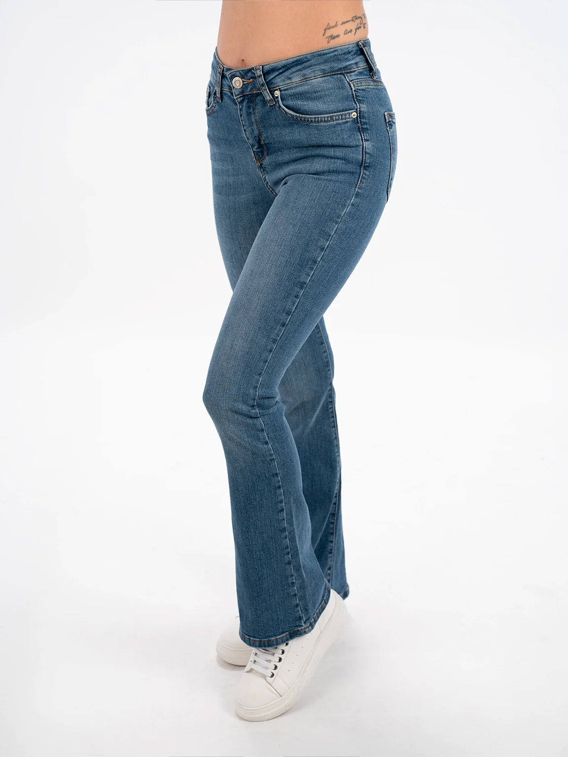 Blue Flare Jeans With Zipper & Button To Close