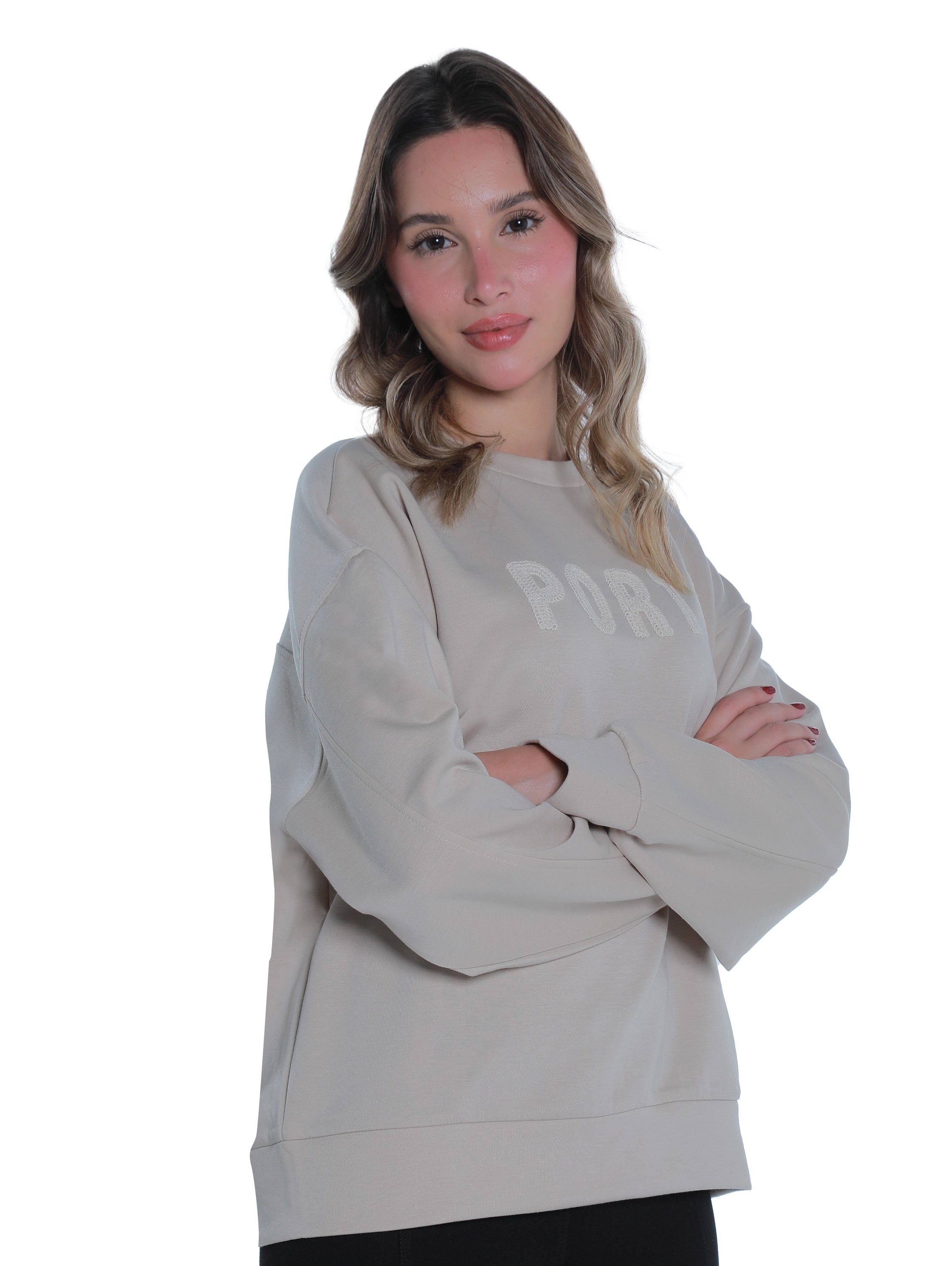 Round Neck Beige Sweater With "Porto" Front Design