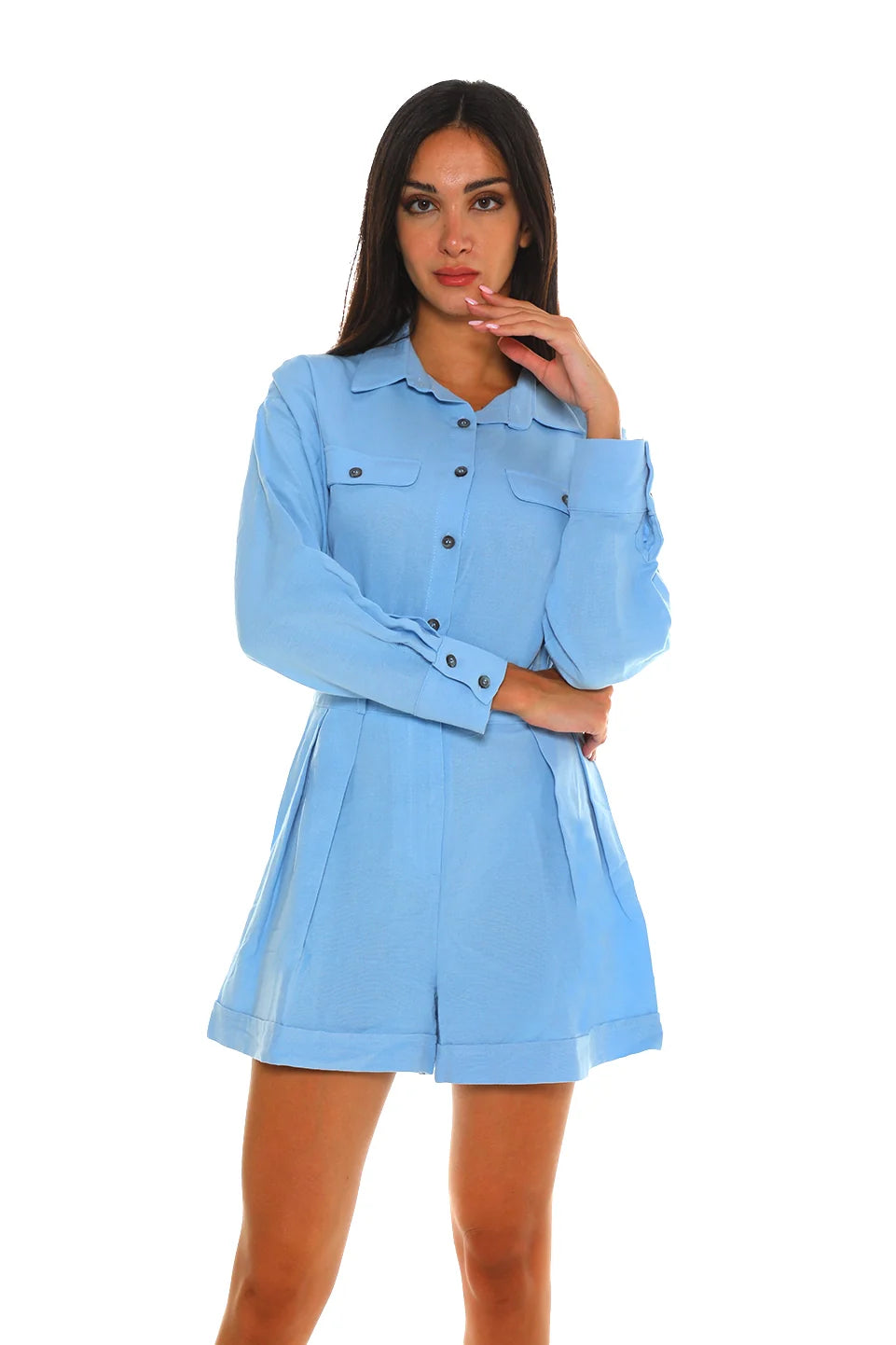Casual Buttoned Short Blue Jumpsuit