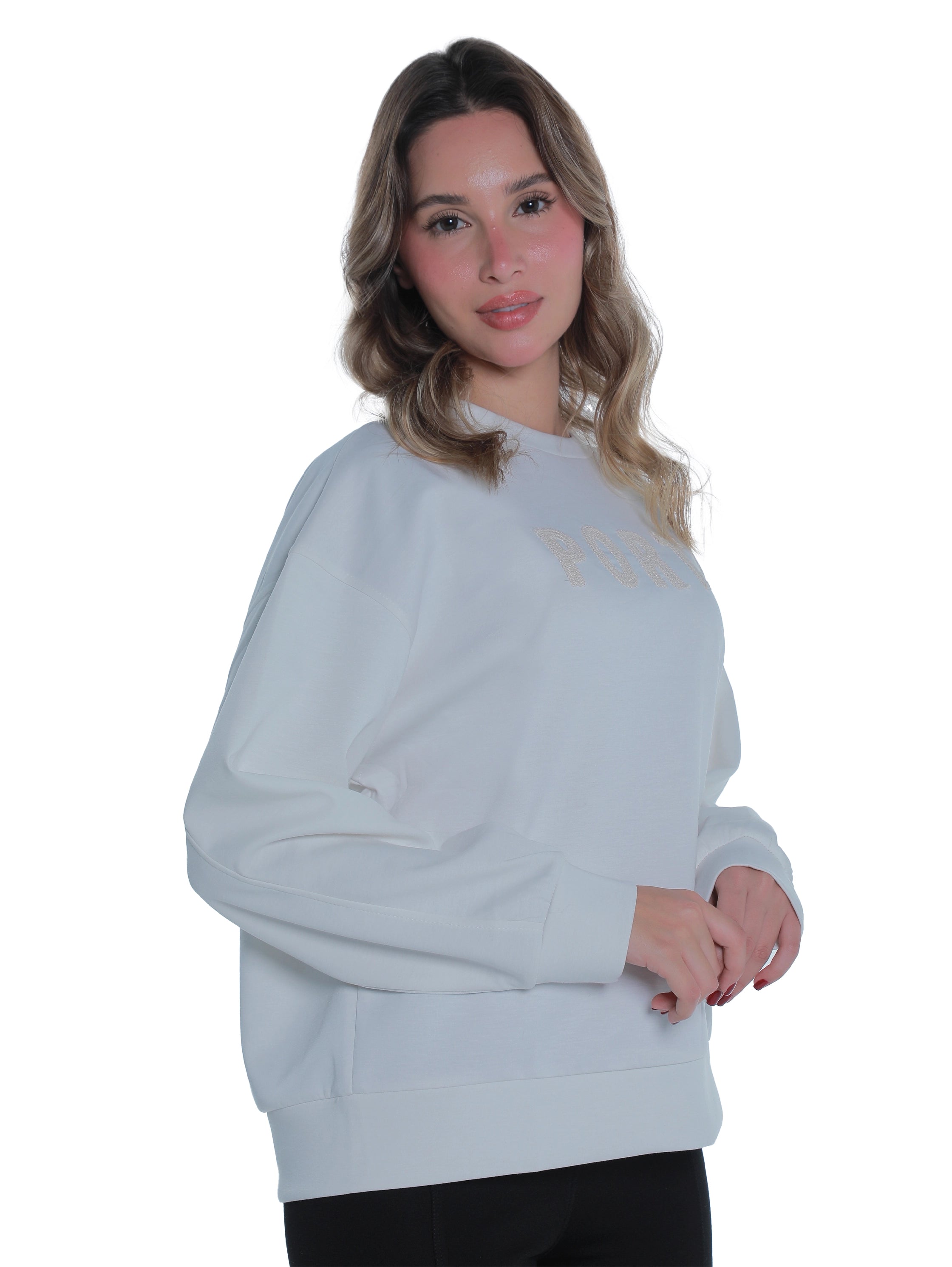 Round Neck White Sweater With "Porto" Front Design
