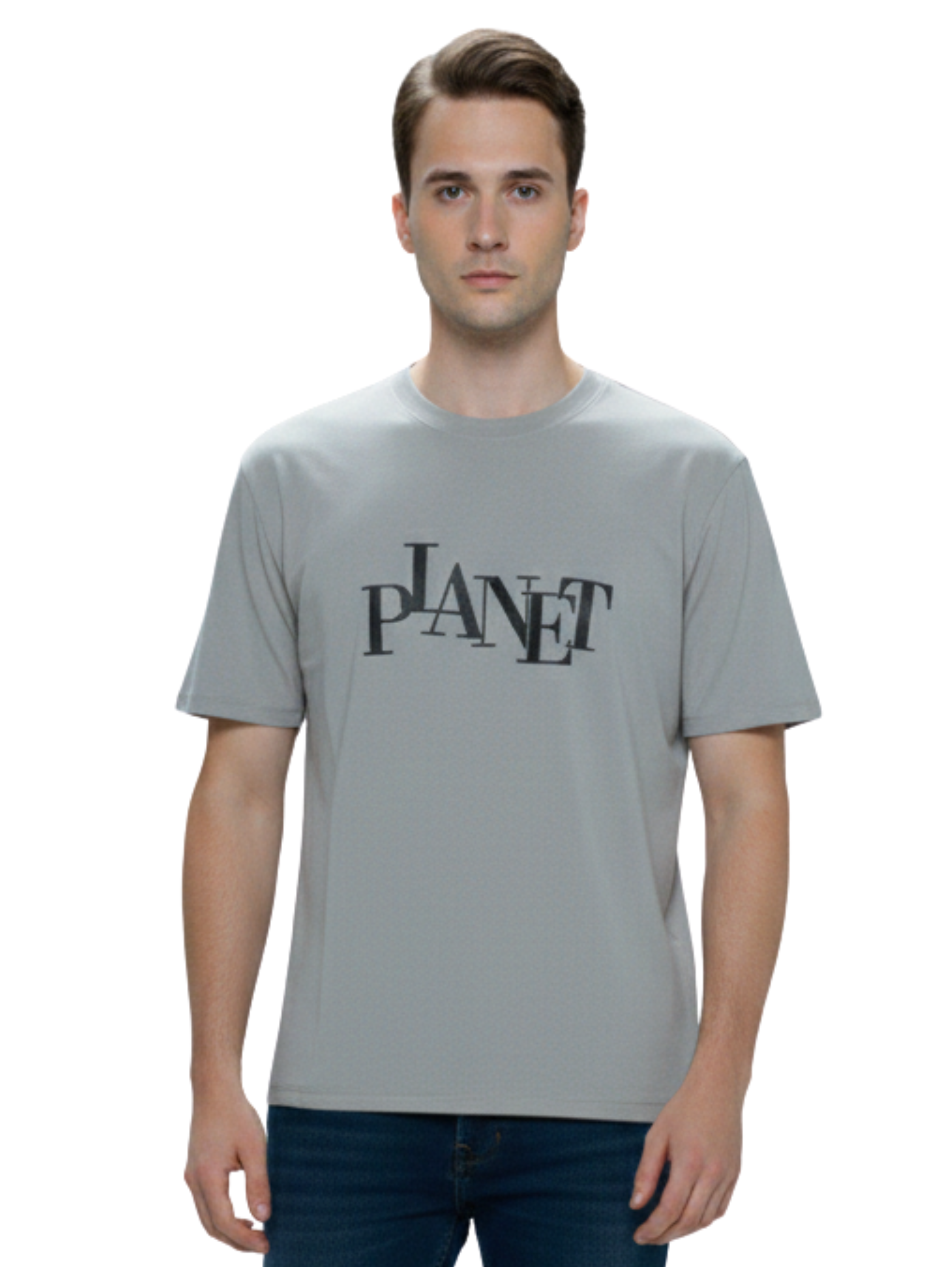 Round Neck Grey T-Shirt With "Planet" Front Design