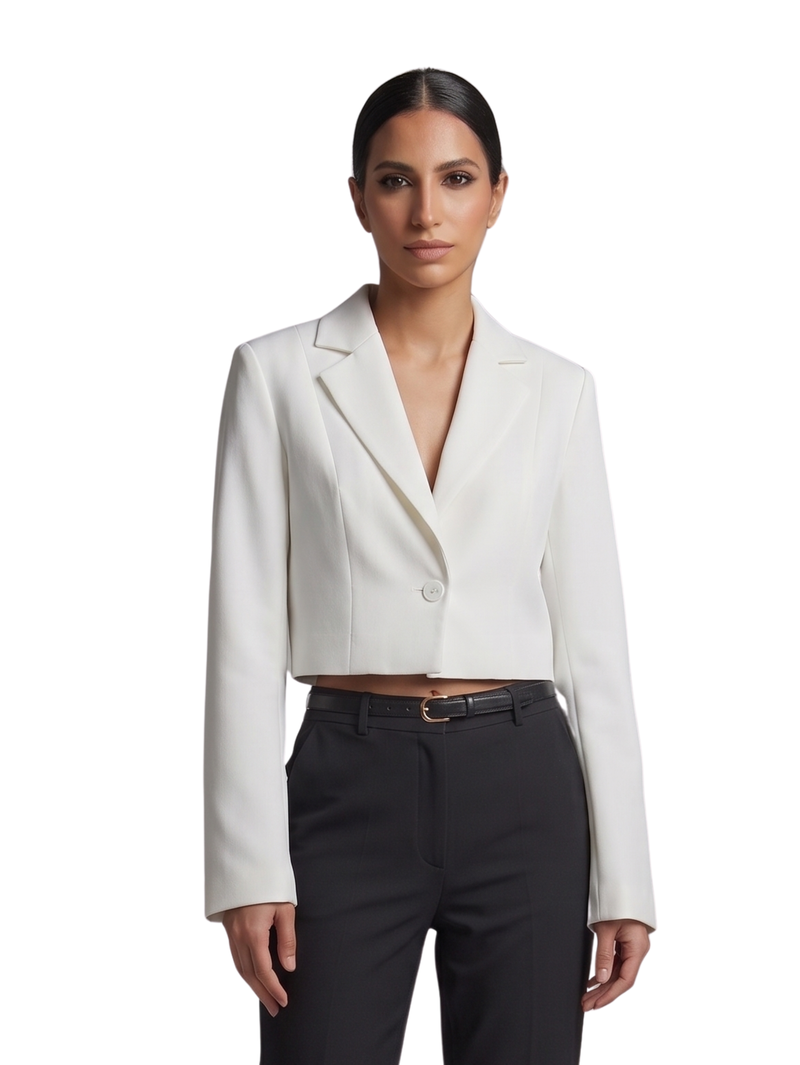 Off White Cropped Blazer With Singel Button Closure & Notched Lapel Collar