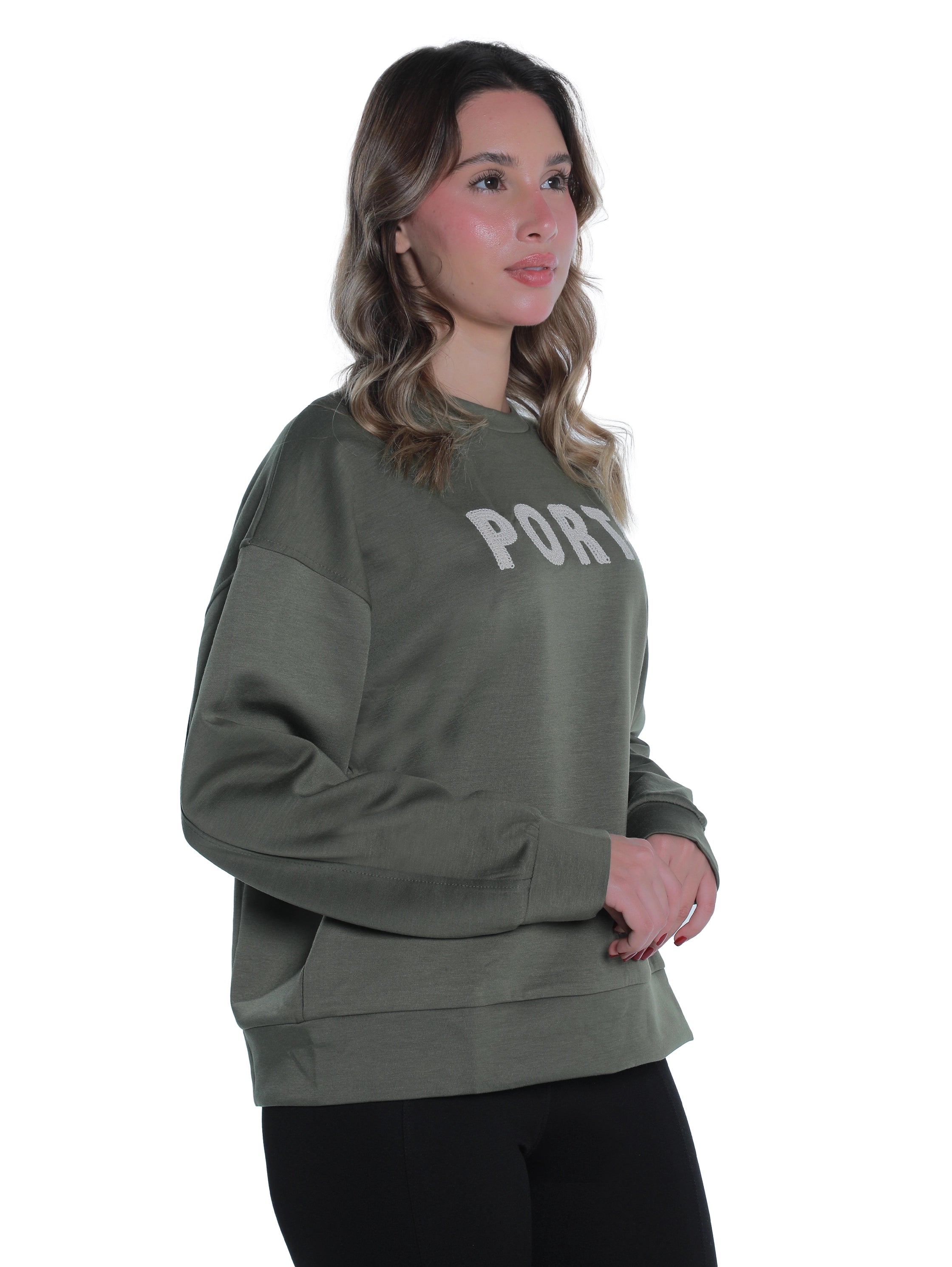 Round Neck Olive Sweater With "Porto" Front Design