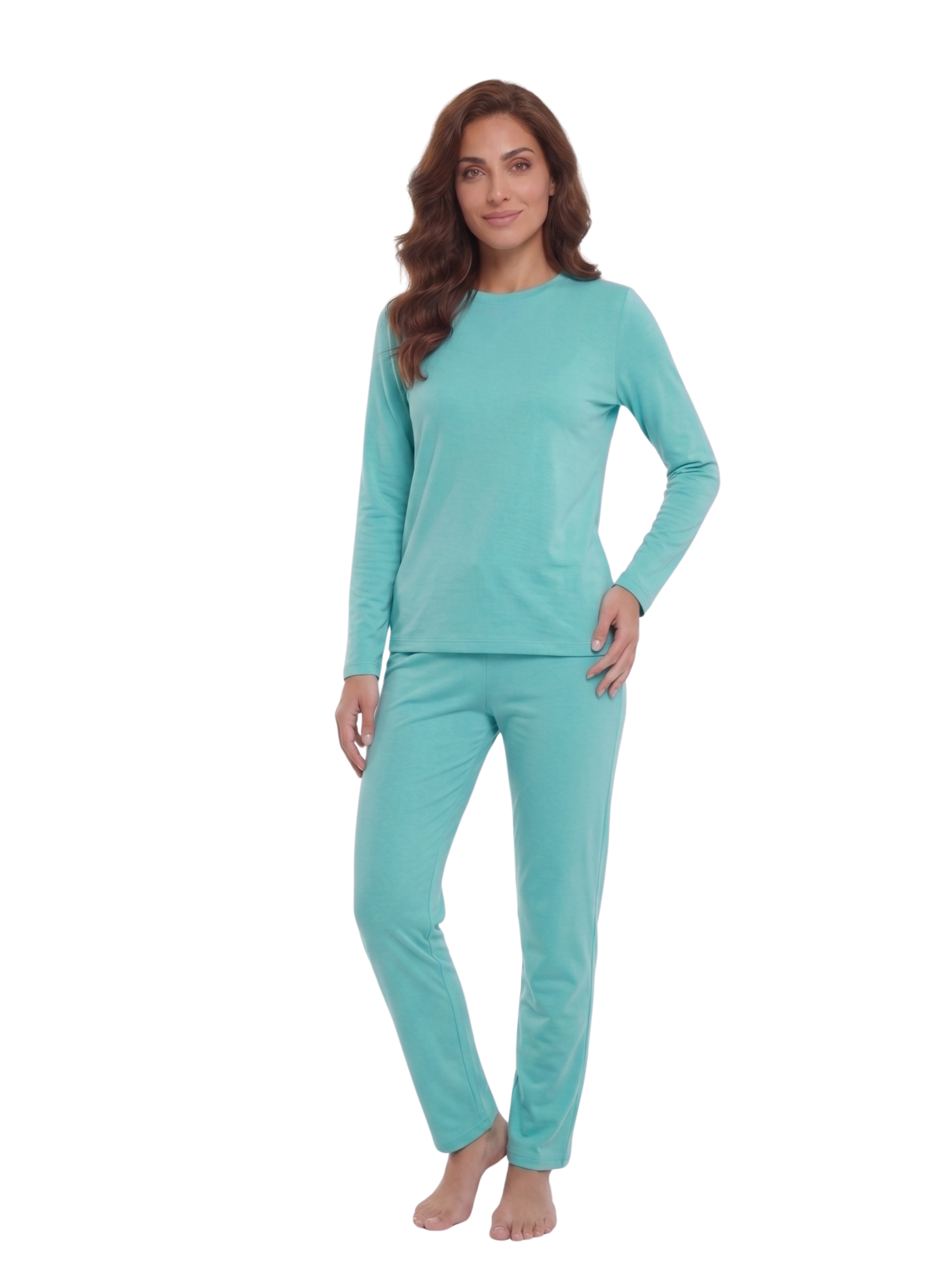 Long Sleeved Aqua Pyjama Set With Crew Neckline