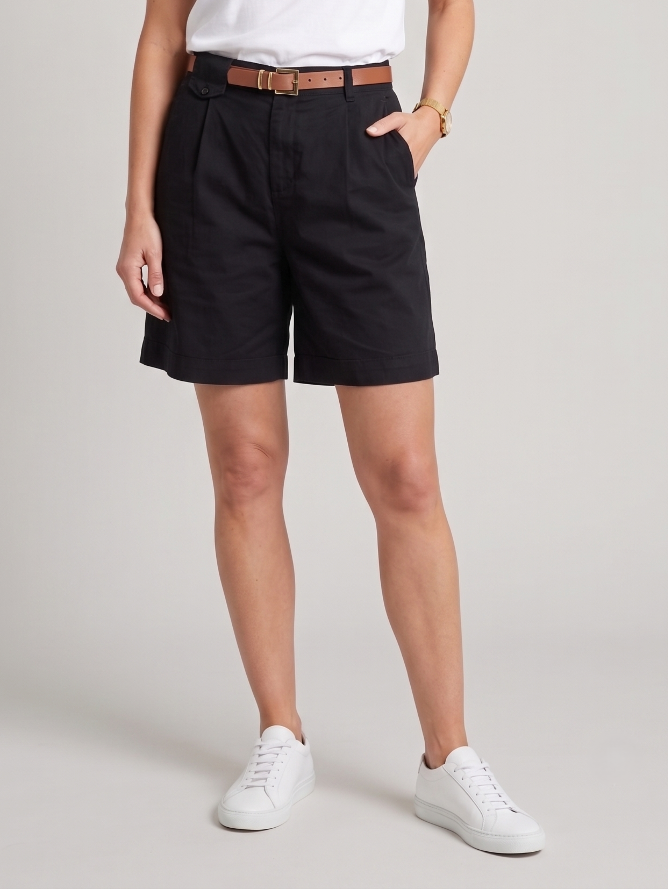 Black High Waist Chino Shorts With Side Pockets & Belt
