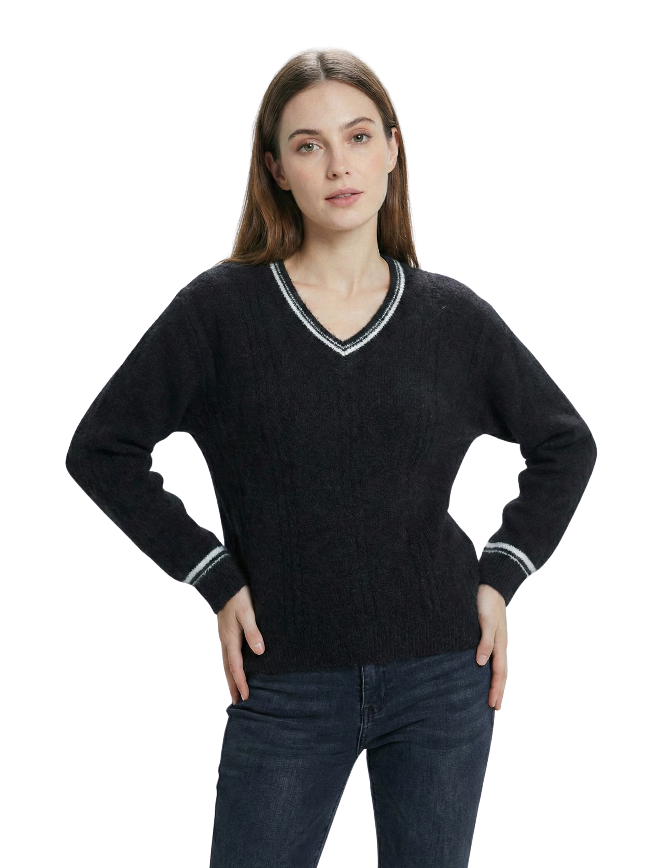 Black Knitted V-Neck Warm Pullover