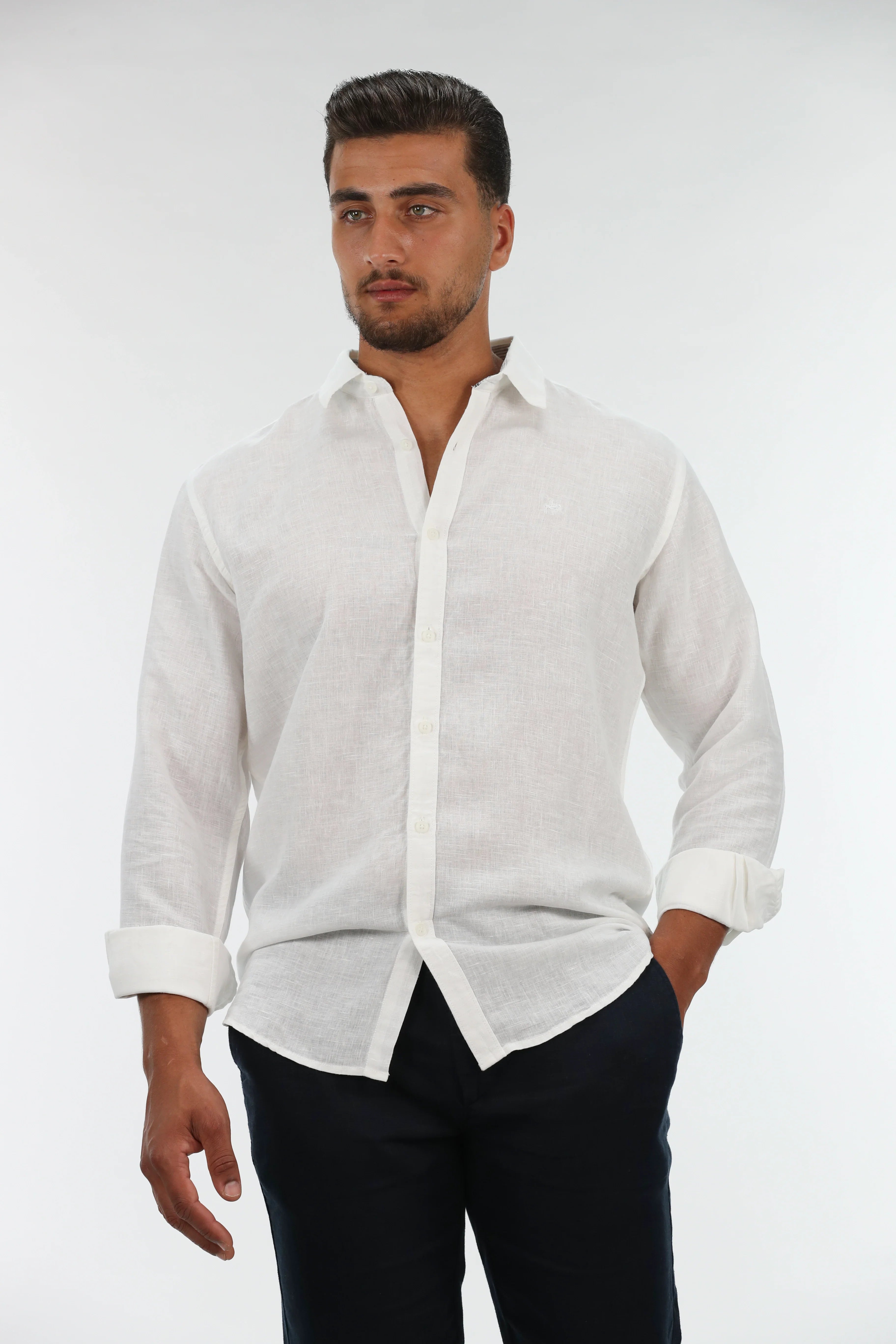 Long Sleeved White Plain Linen Shirt