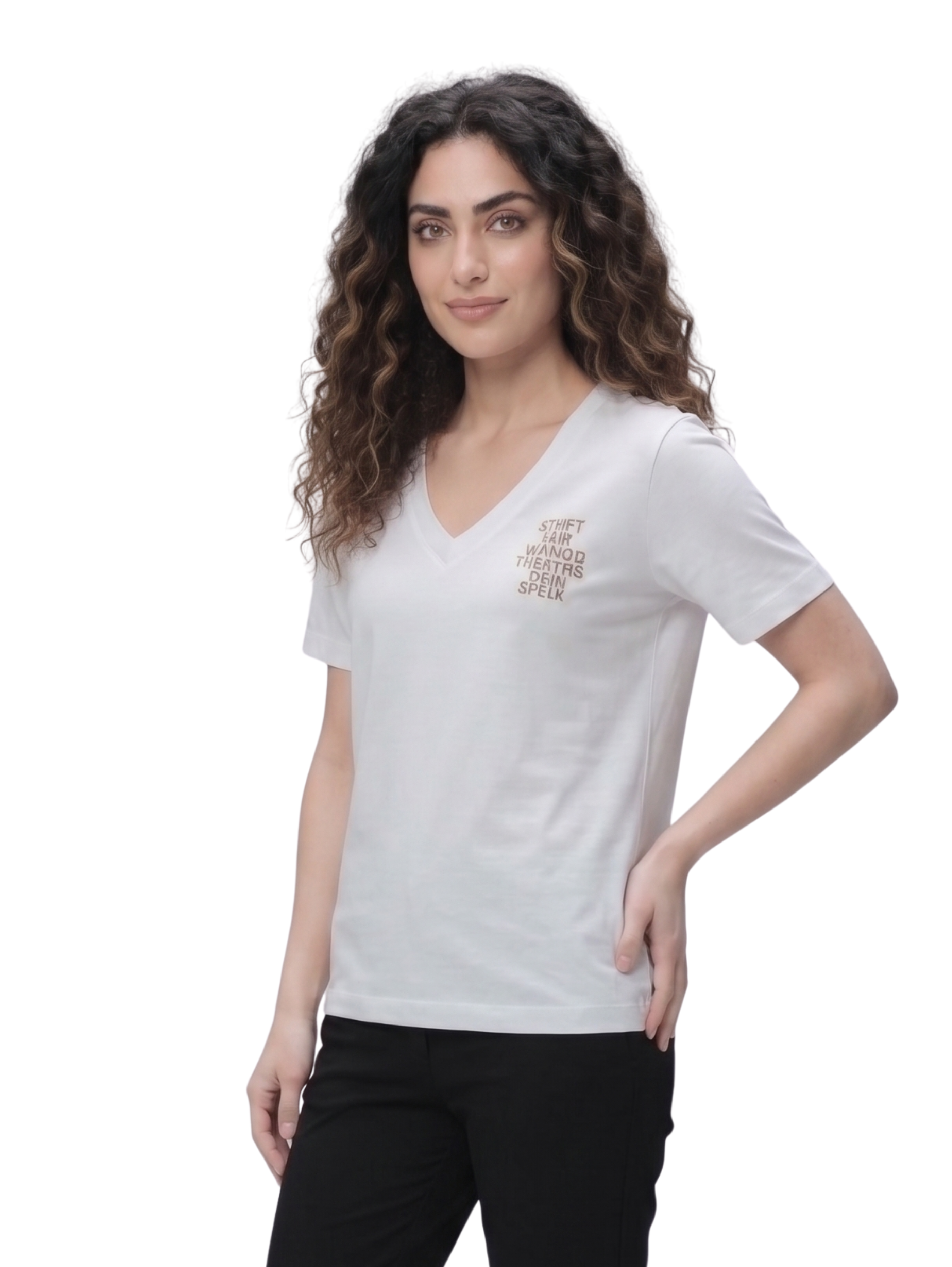 Off White Short Sleeved V Neck T-Shirt With Printed Design