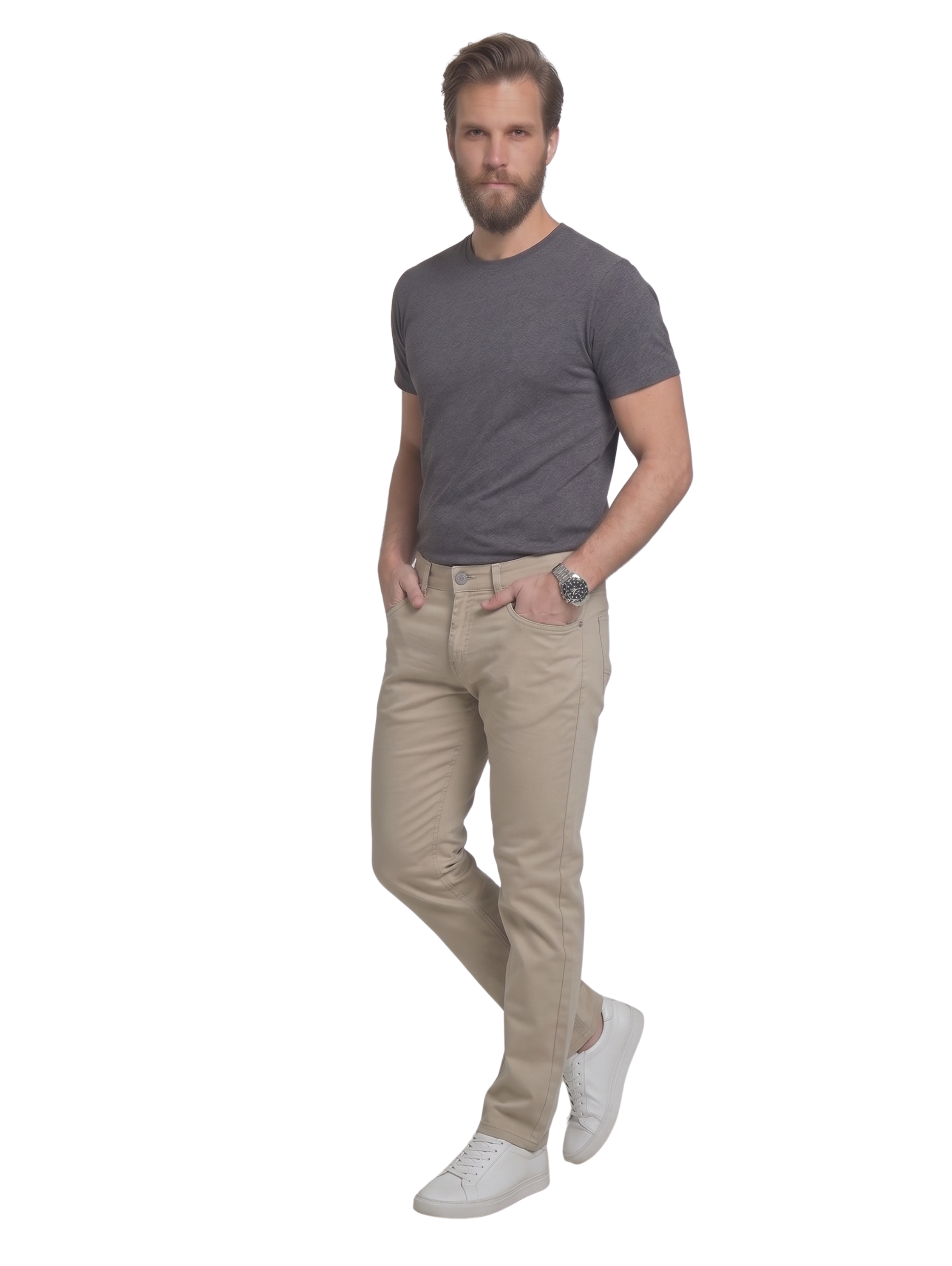 Slim Fit Beige Chino Pants With 5 Pocket Design