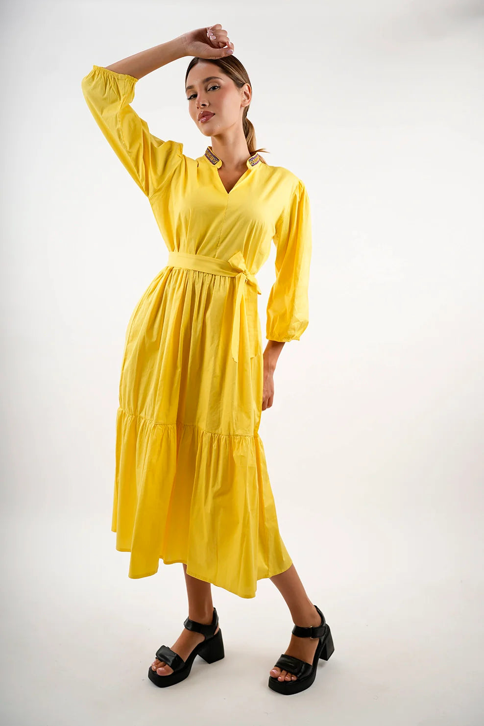 Long Sleeved Yellow Dress With Wing Collar