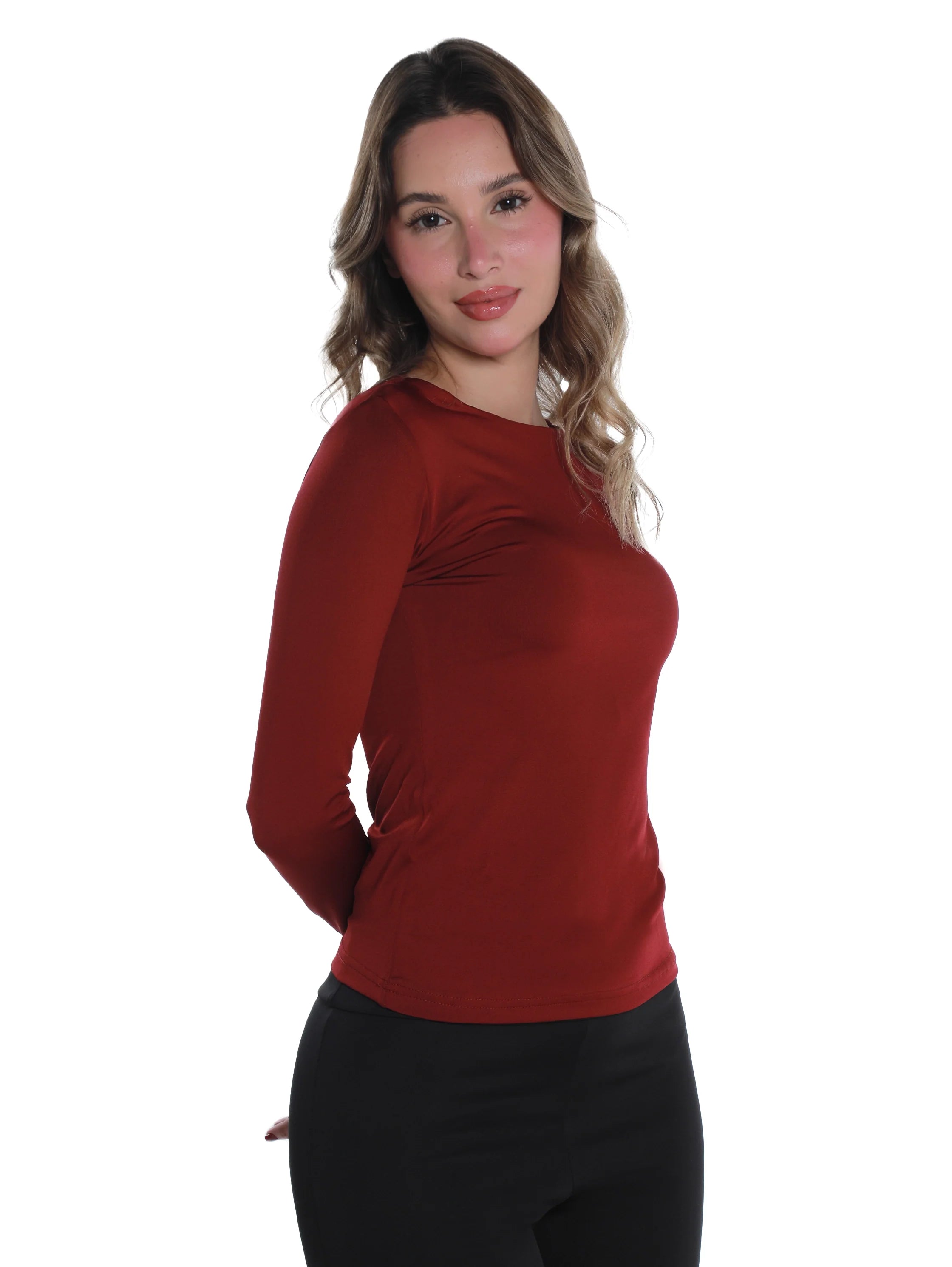 Long Sleeved Wine Basic Top Round Neck