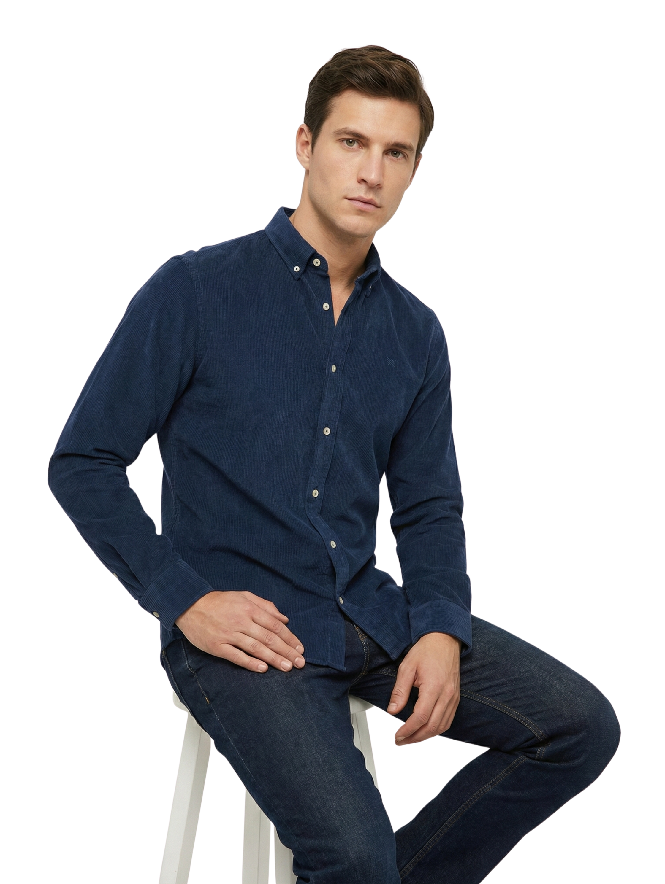 Navy Buttoned Ribbed Velvet Shirt