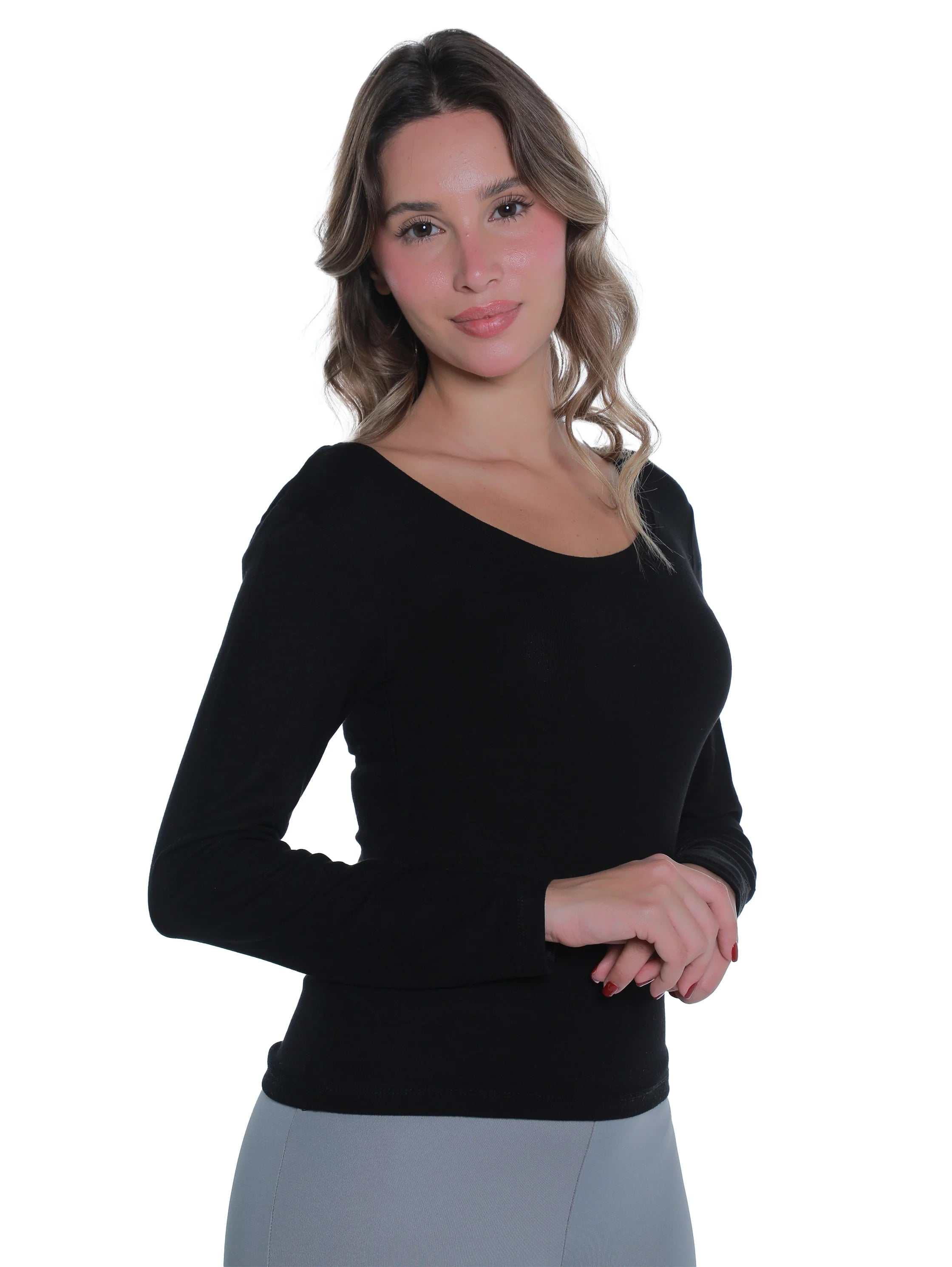 Black Top With Open Boat Neck