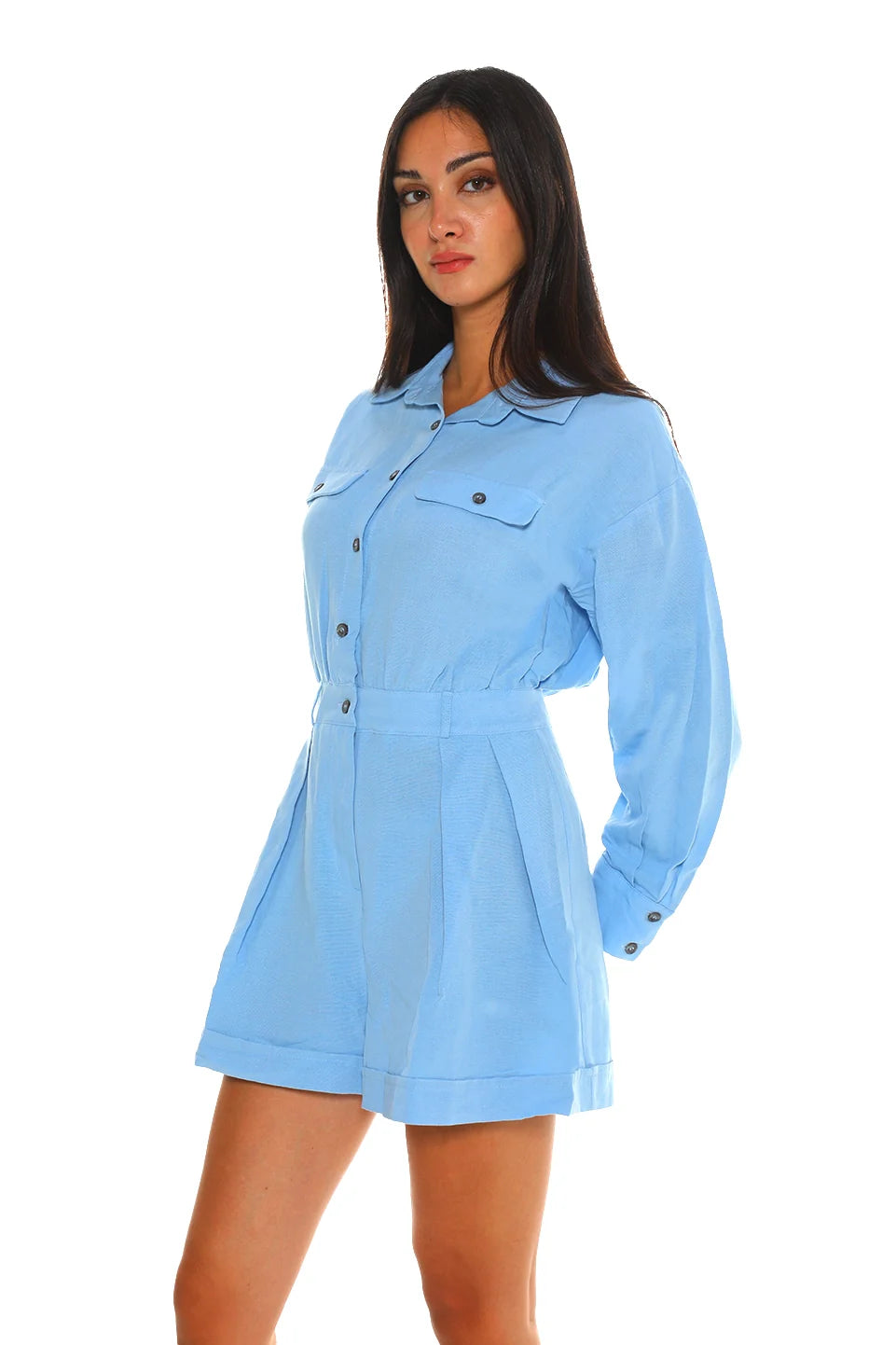 Casual Buttoned Short Blue Jumpsuit