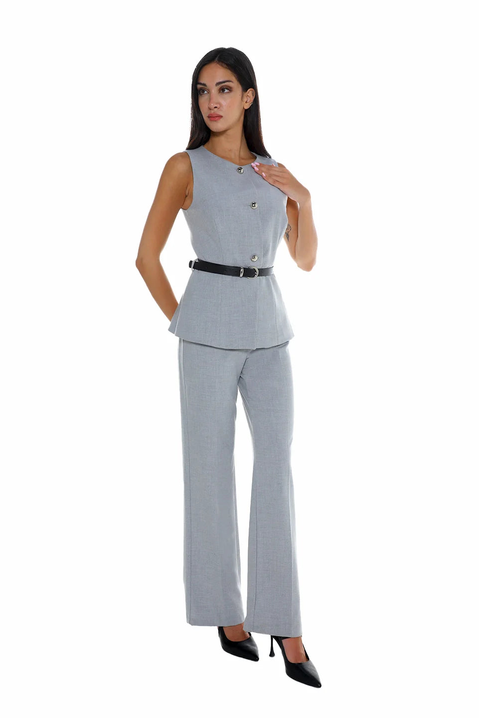 Grey Pant & Vest Set With Waisted Belt