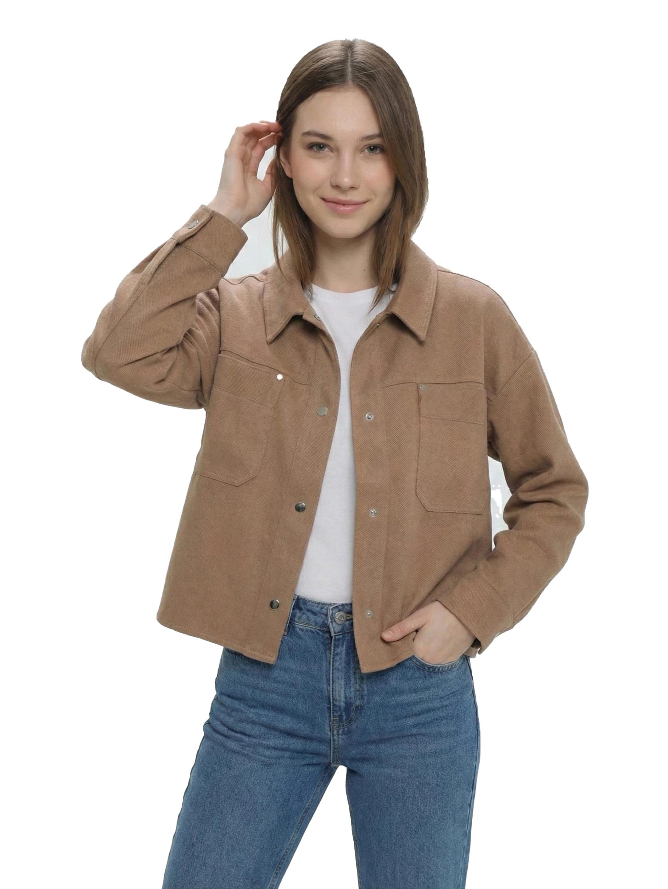 Light Brown Crop Long Sleeve Shirt With Attached Pockets
