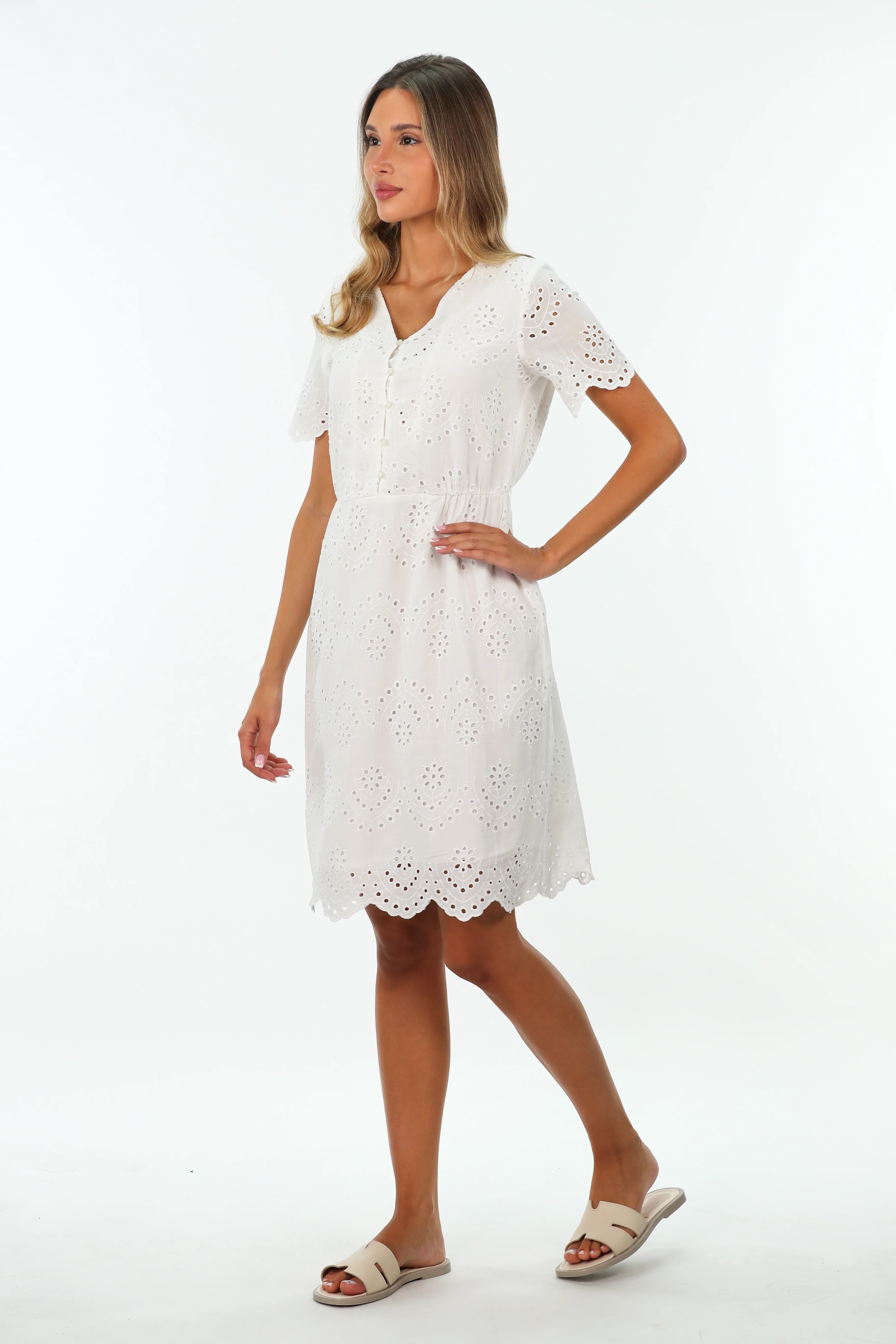 White Buttoned Embroidery Dress