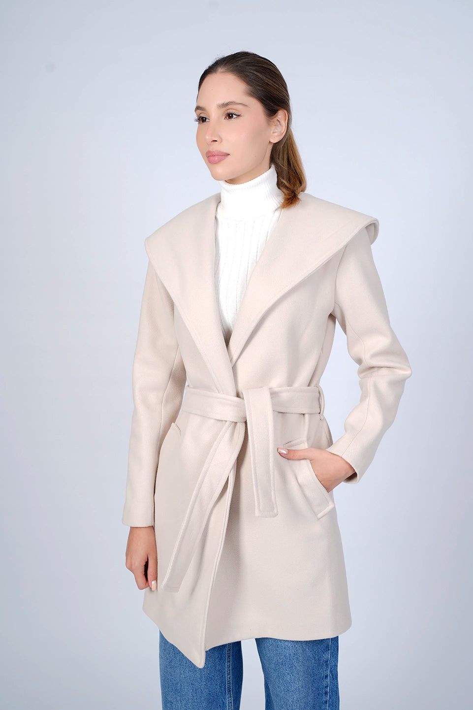 Hooded Wrap Beige Short Coat