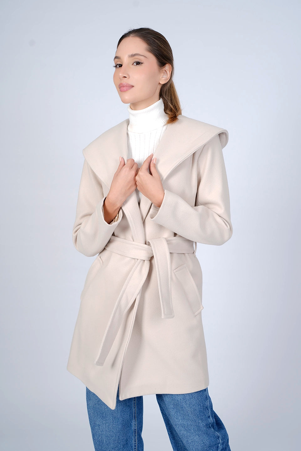 Hooded Wrap Beige Short Coat