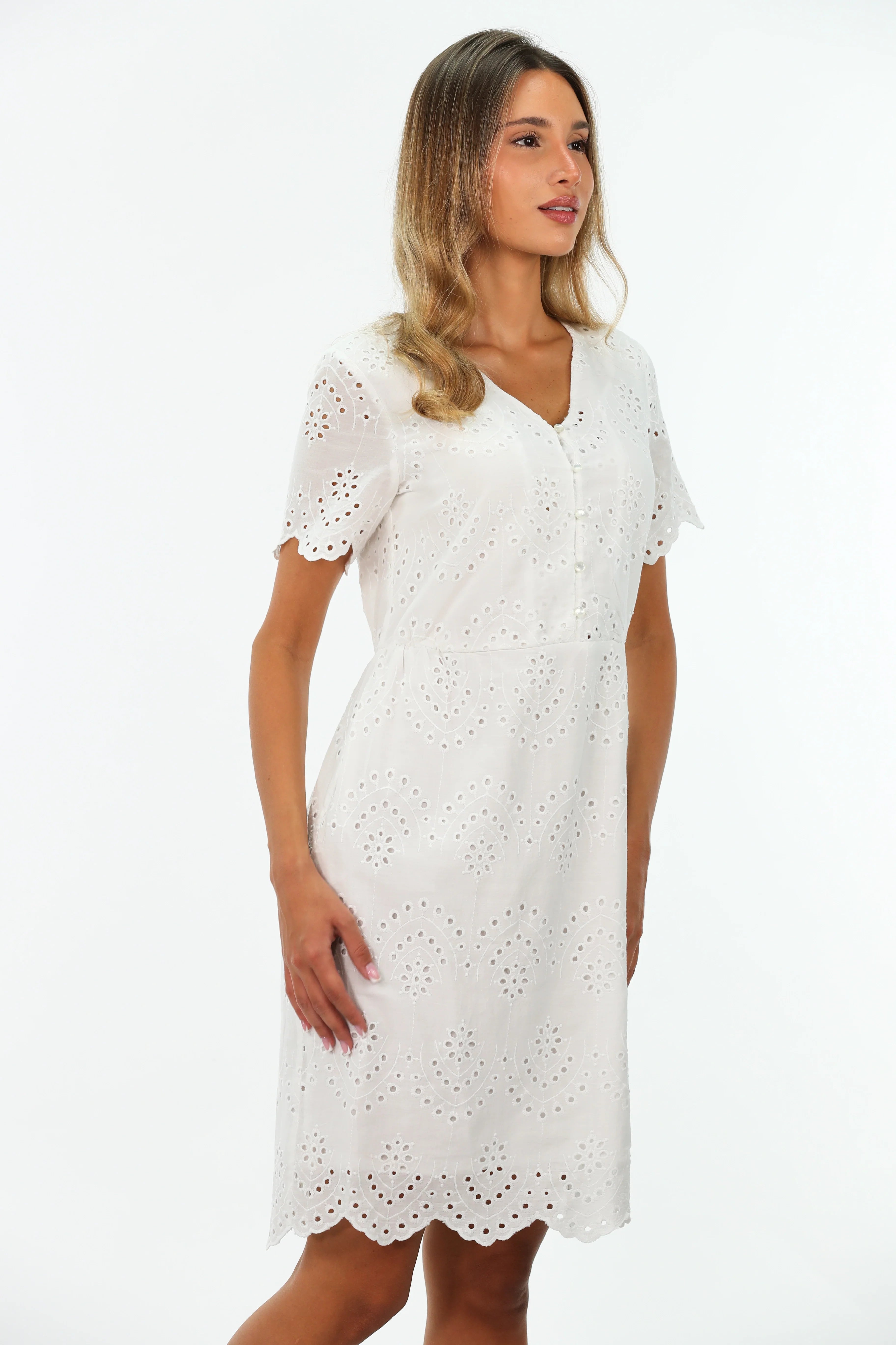 White Buttoned Embroidery Dress