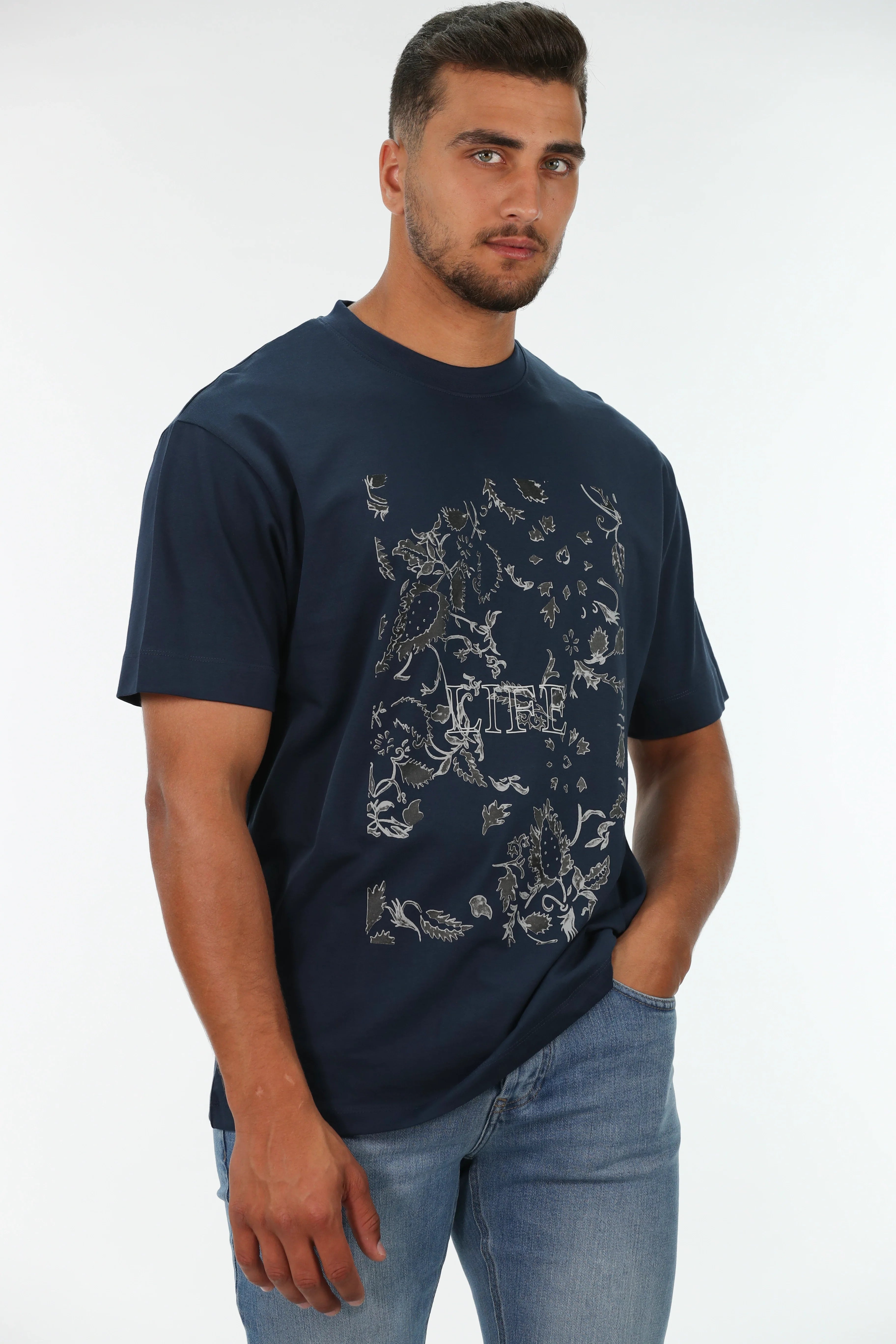 Oversized Navy T-shirt With 'Life' Front Design