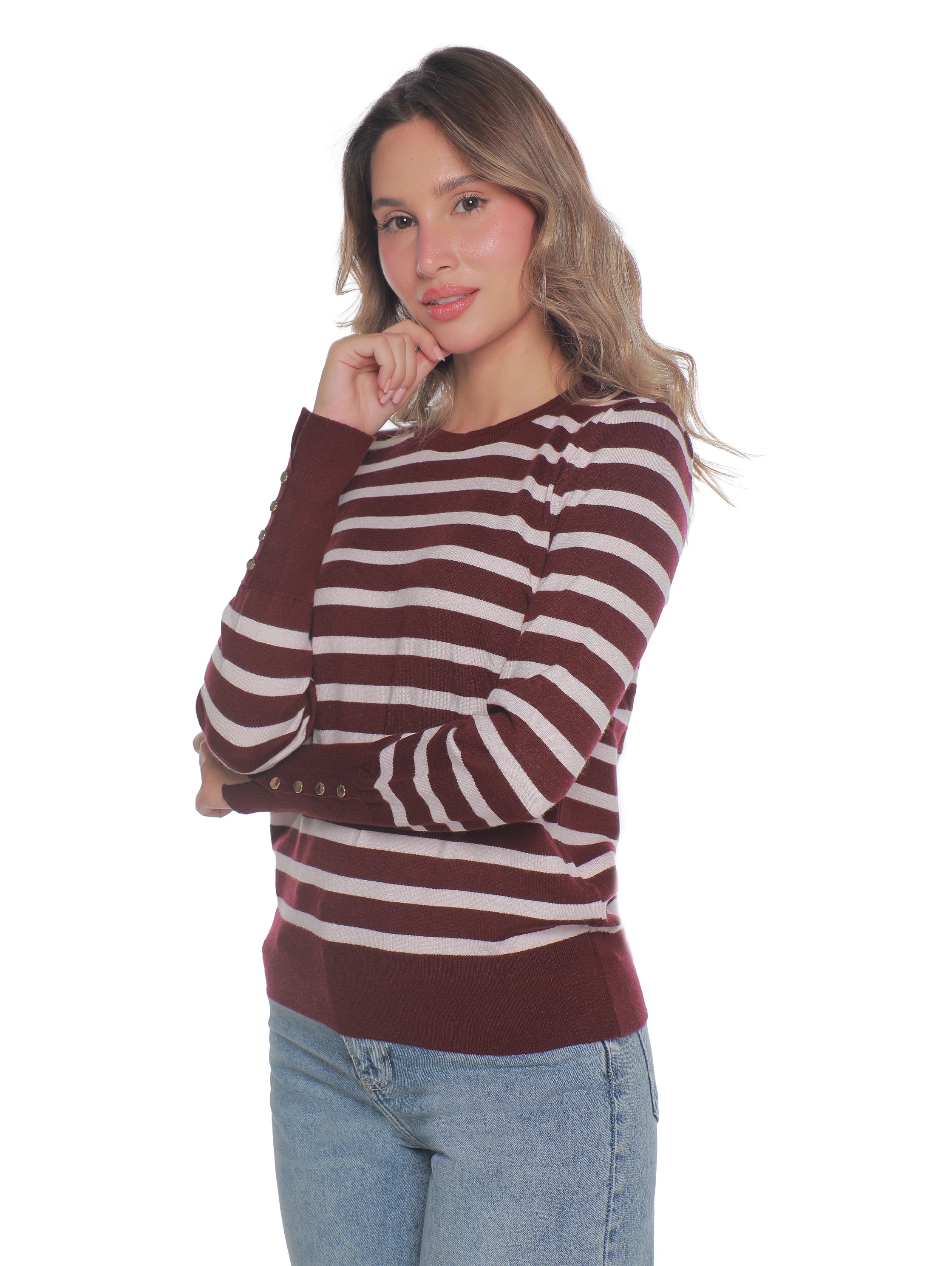 Long Sleeved Bordo Pullover With Stripe Design