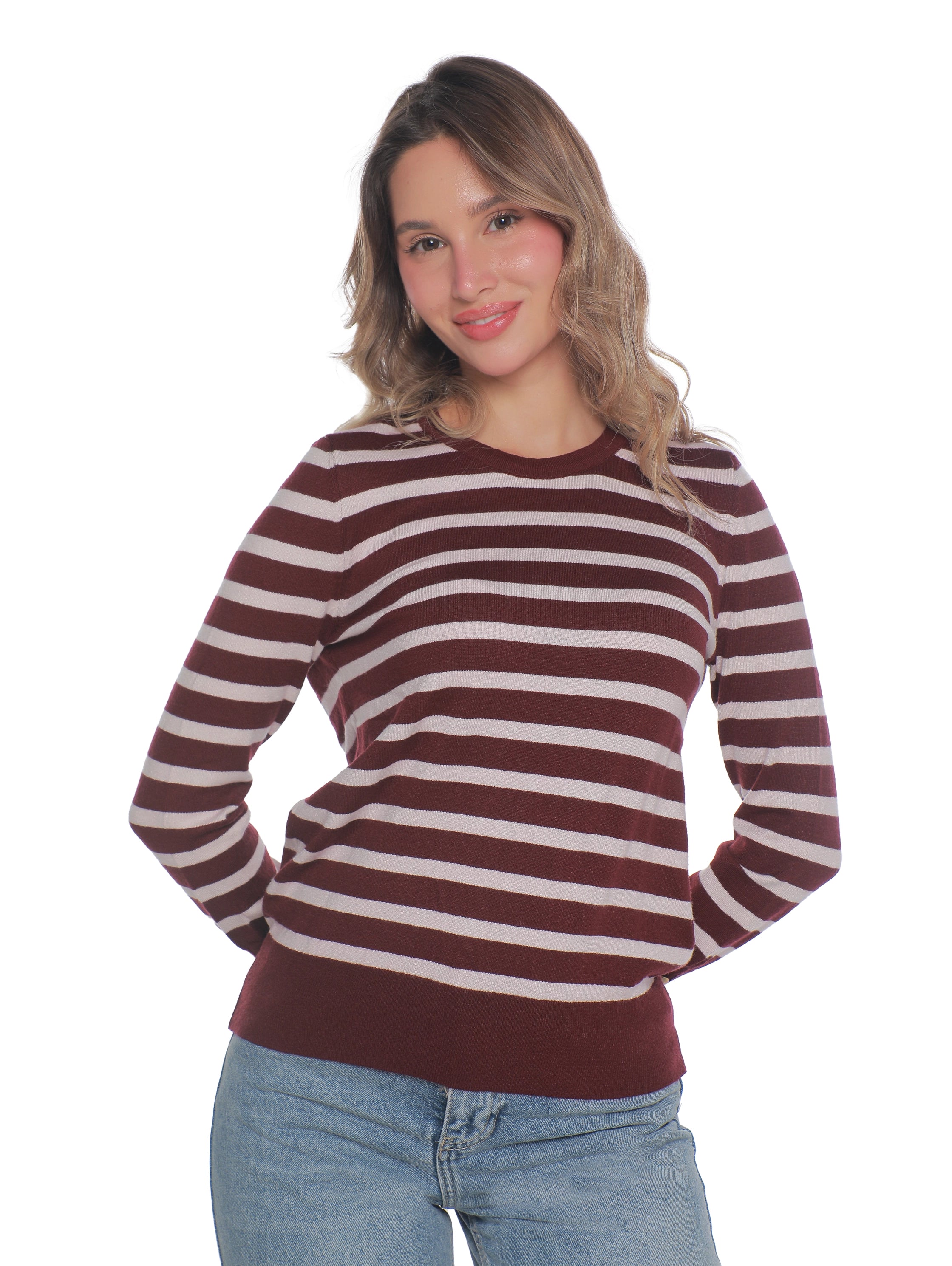 Long Sleeved Bordo Pullover With Stripe Design
