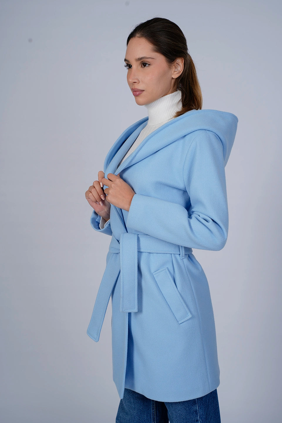 Hooded Wrap Blue Short Coat