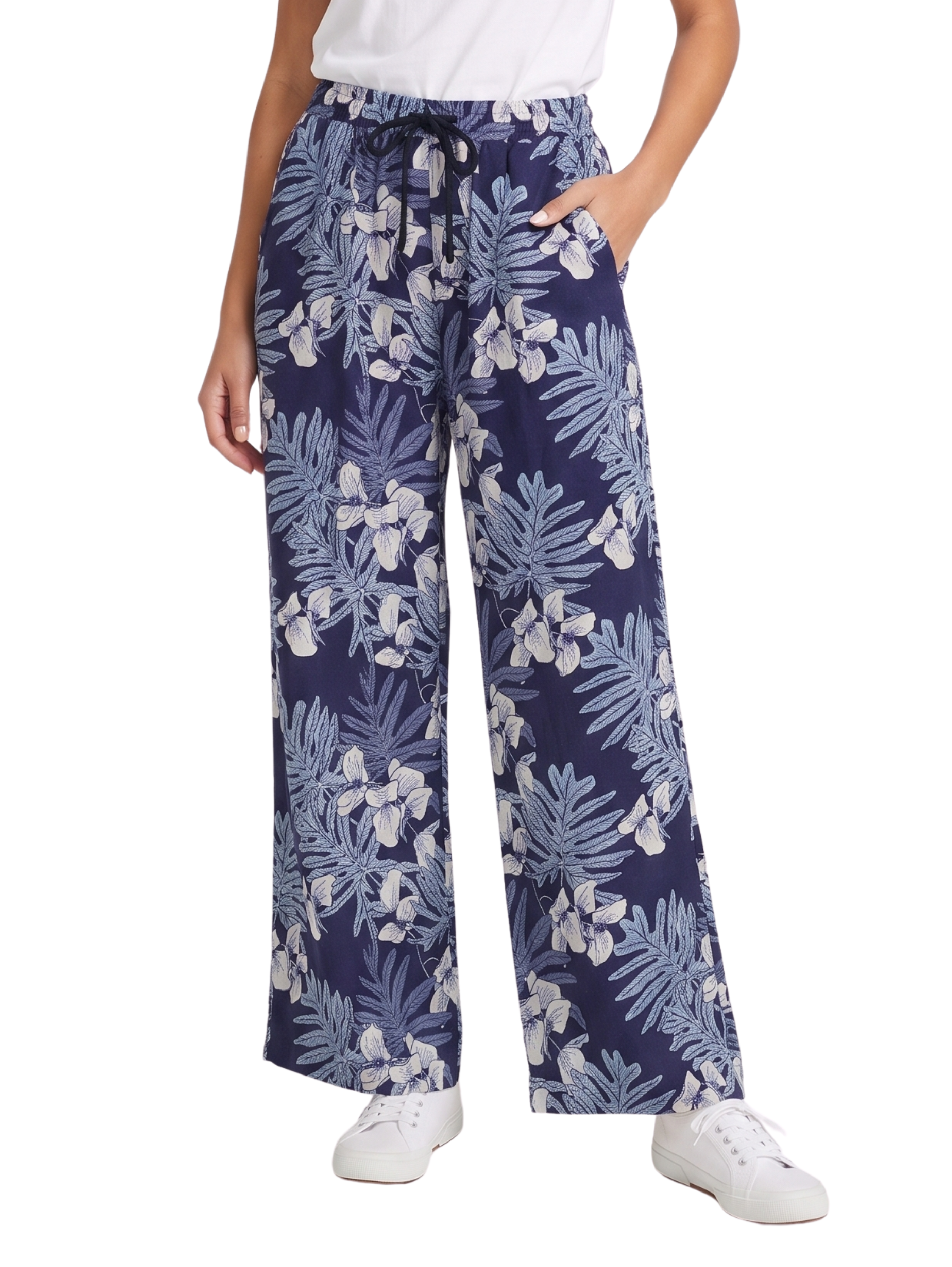 Navy Printed Floral Wide Leg Pants
