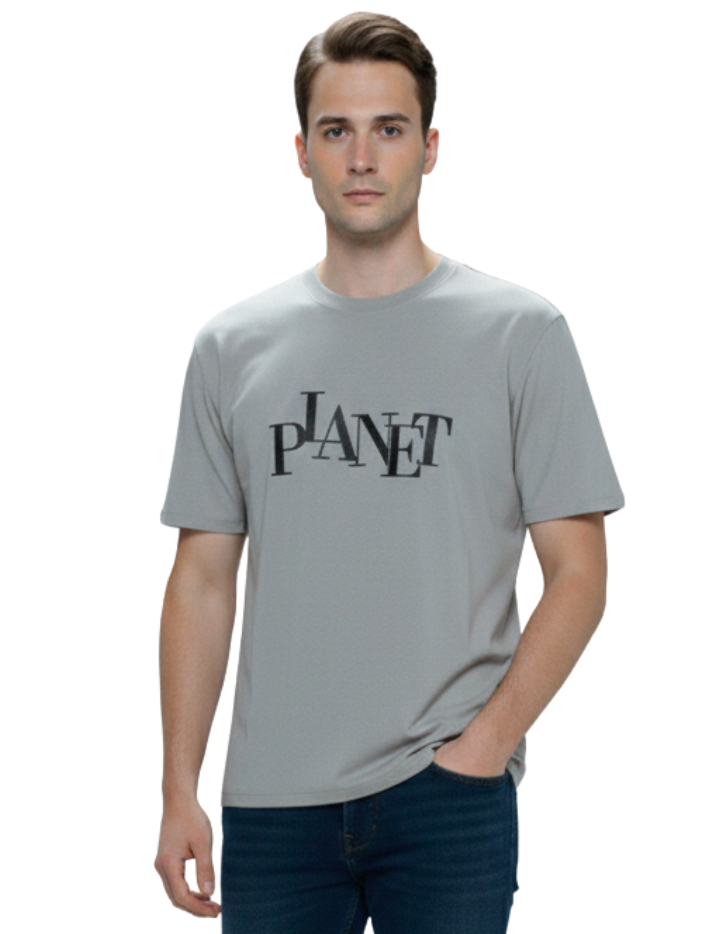 Round Neck Grey T-Shirt With "Planet" Front Design