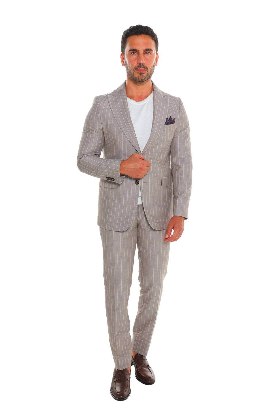 Slim Fit Stripped Beige Suit
