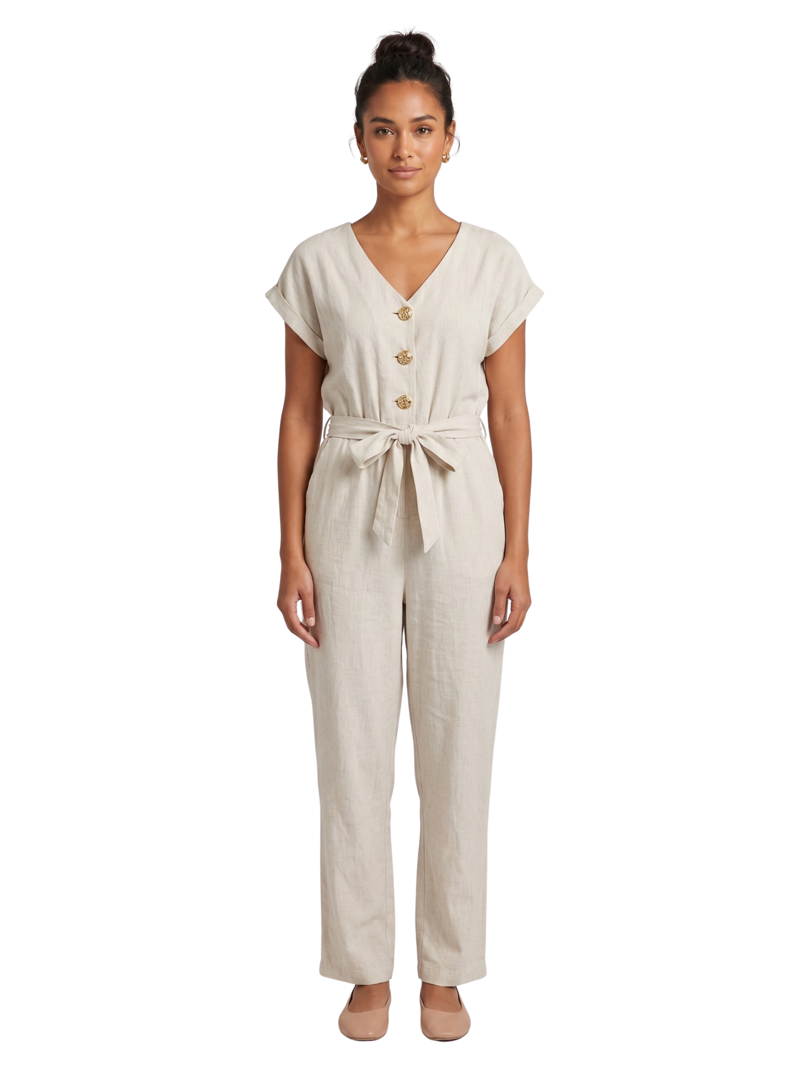 Beige V Neck Belted Jumpsuit With Pockets
