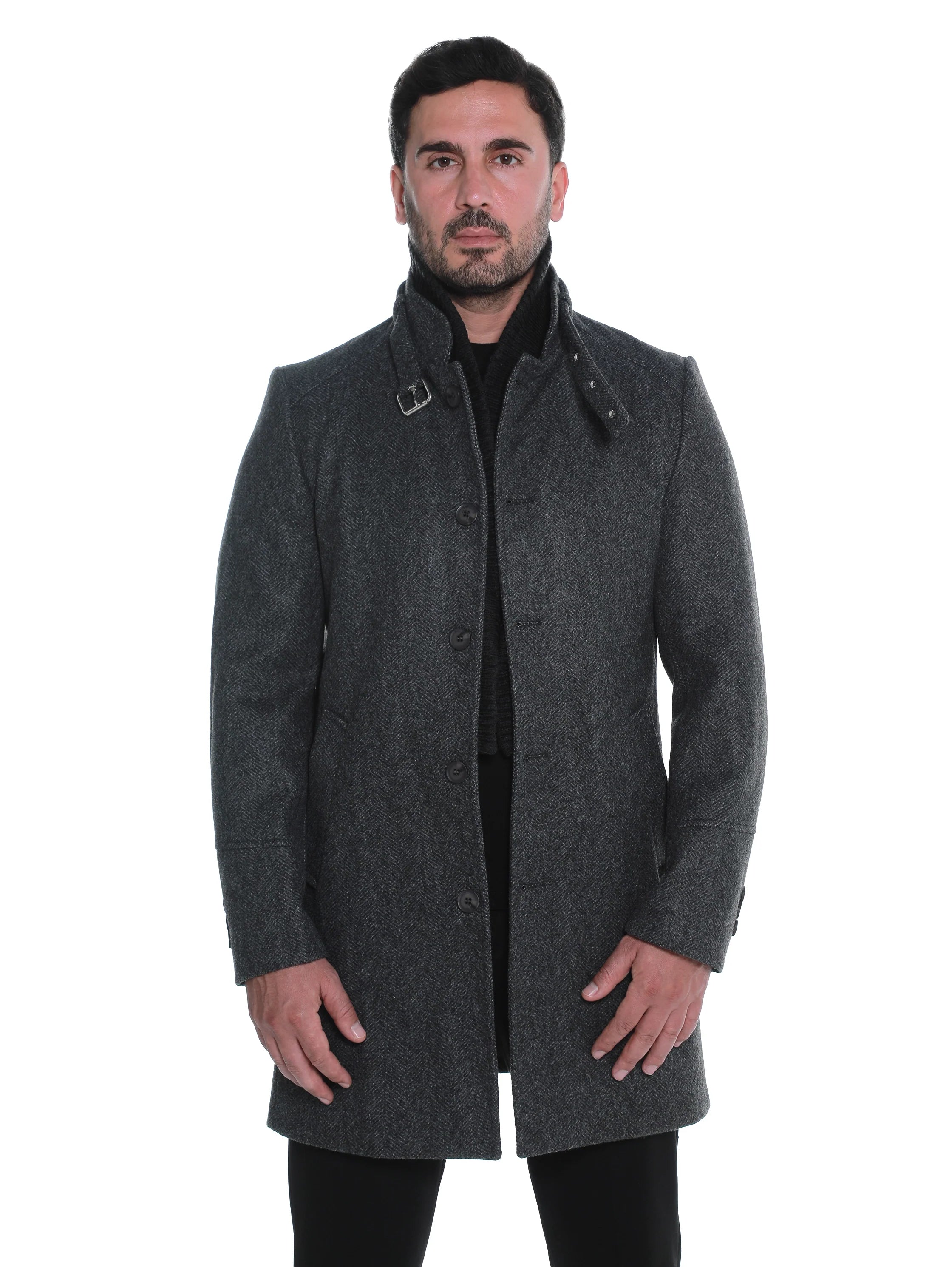 Dark Grey Buttoned Coat With Side Slanted Pockets